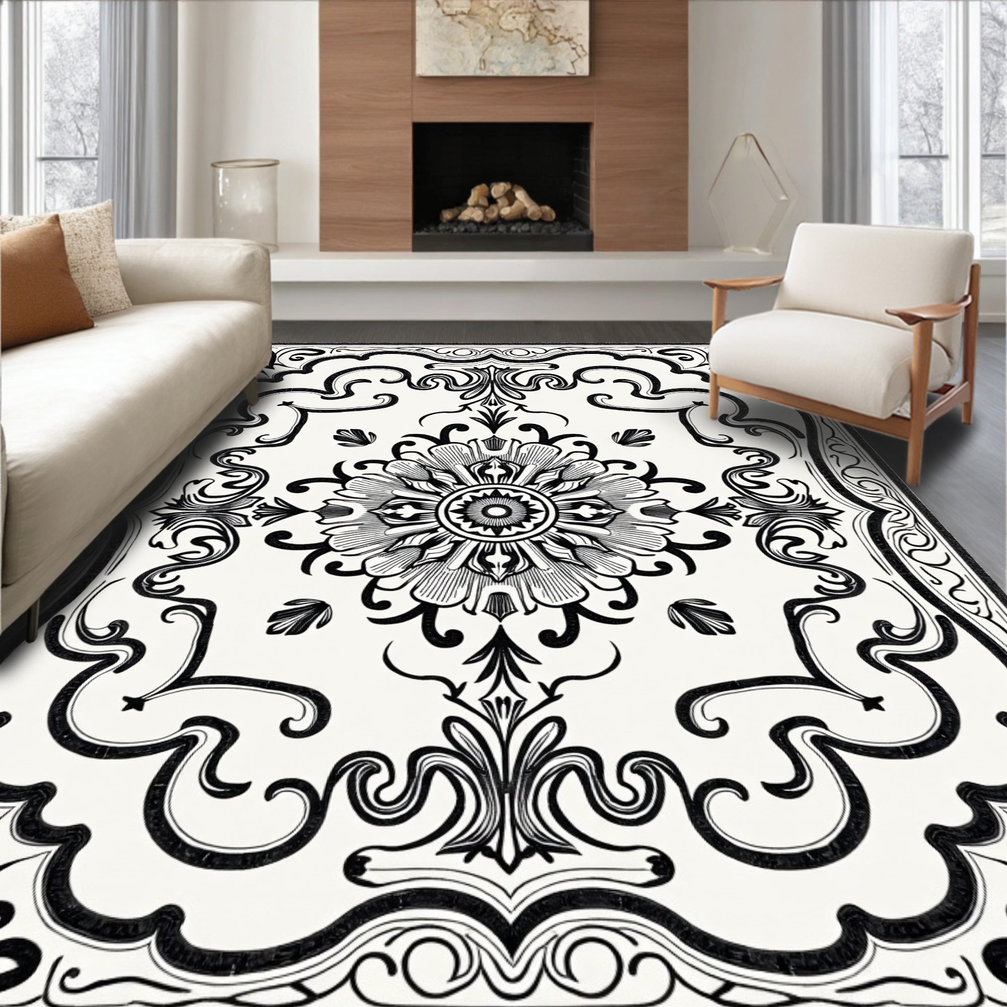Classic Black White Floral Scroll Rug