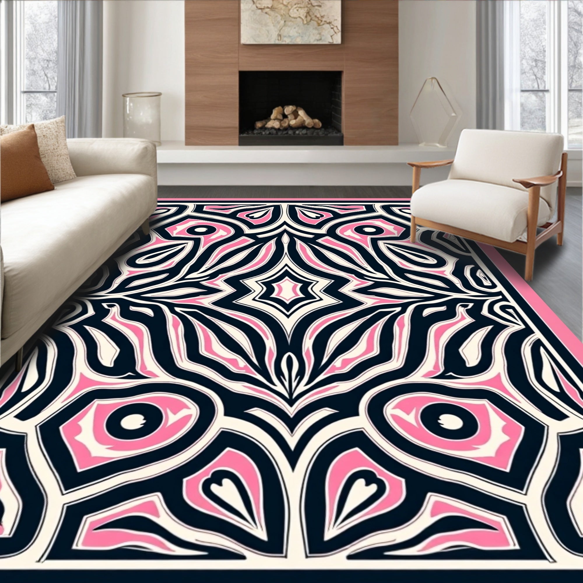 Bold Pink Black Abstract Swirl Design Rug