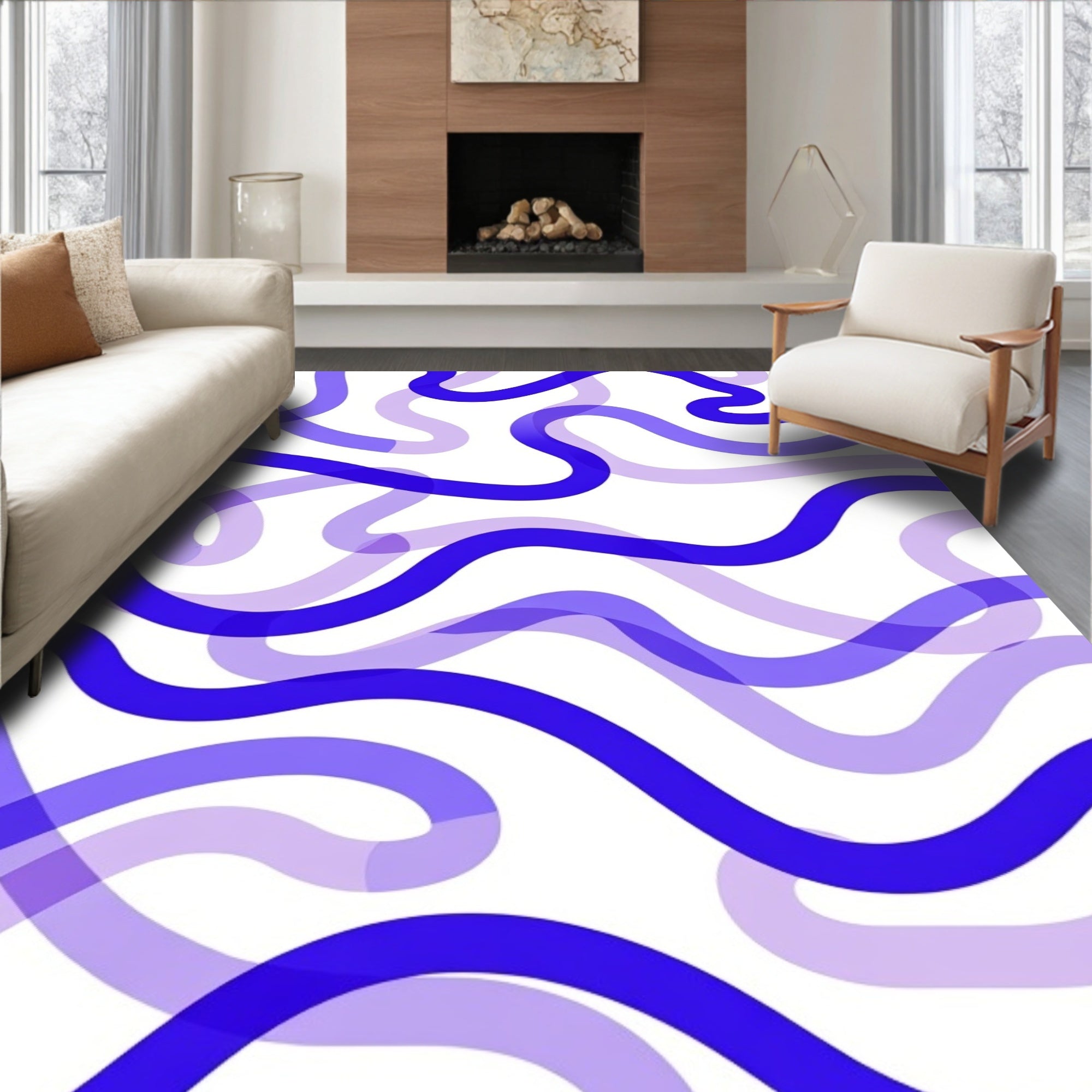 Abstract Blue Wavy Line Design Rug