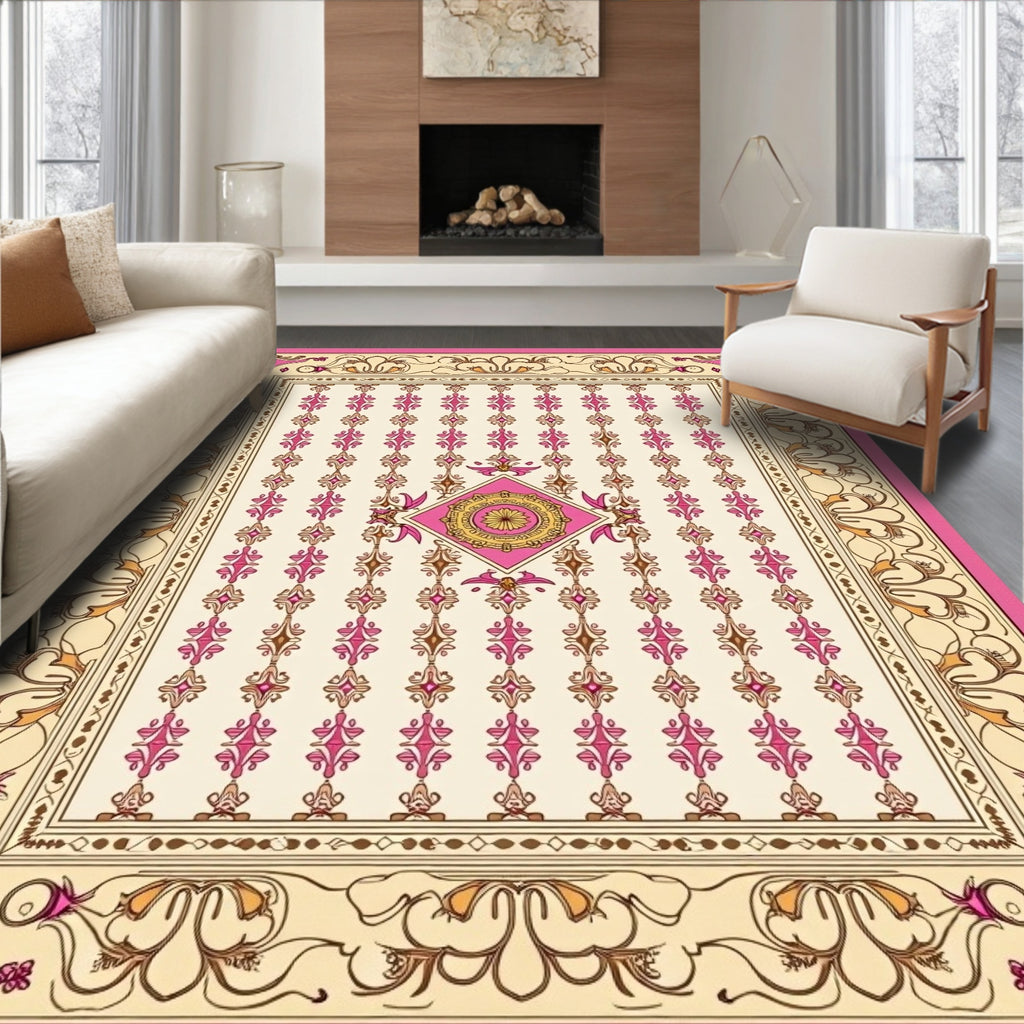 Ornate Pink Gold Floral Lattice Rug