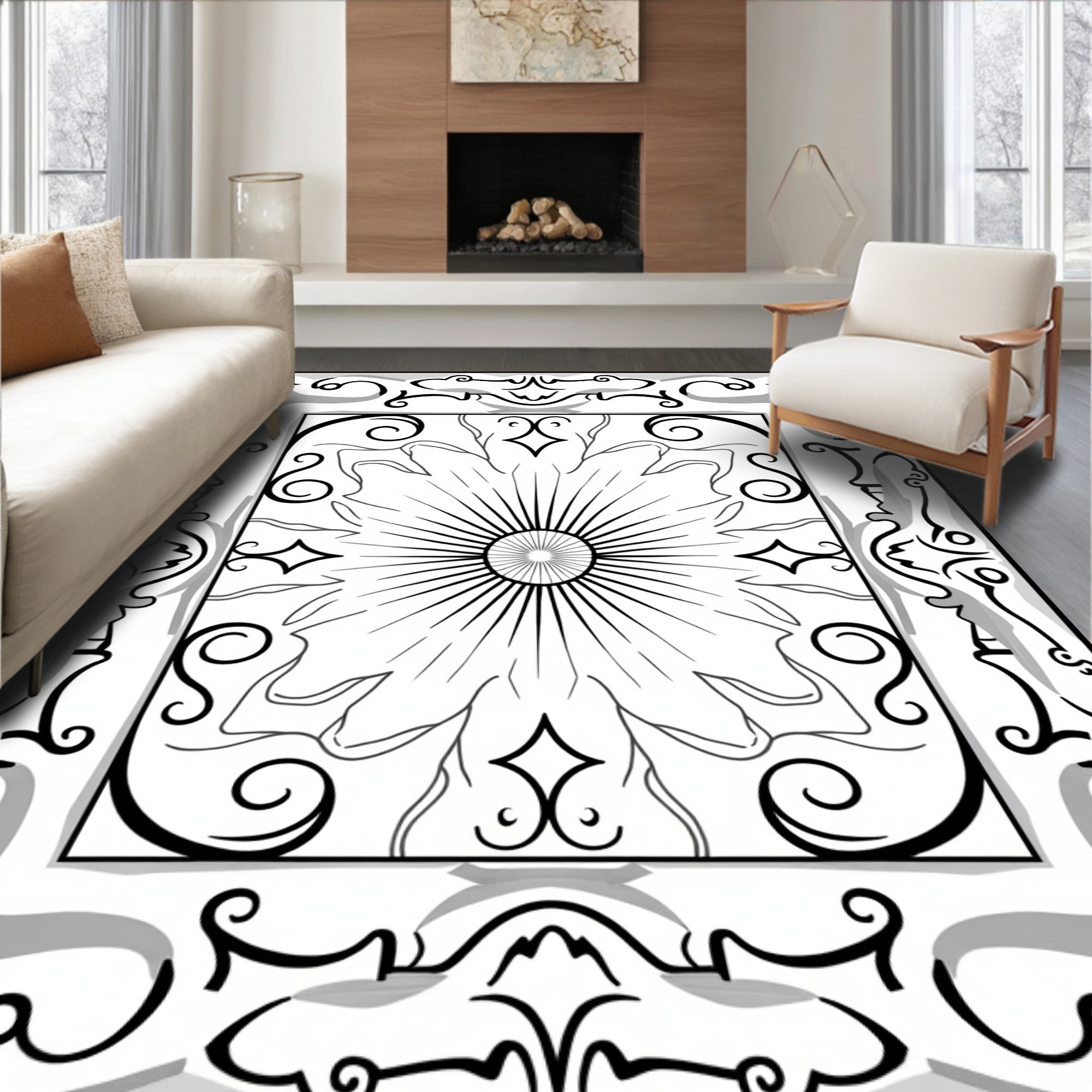 Ornate Sunburst Scroll Pattern Rug