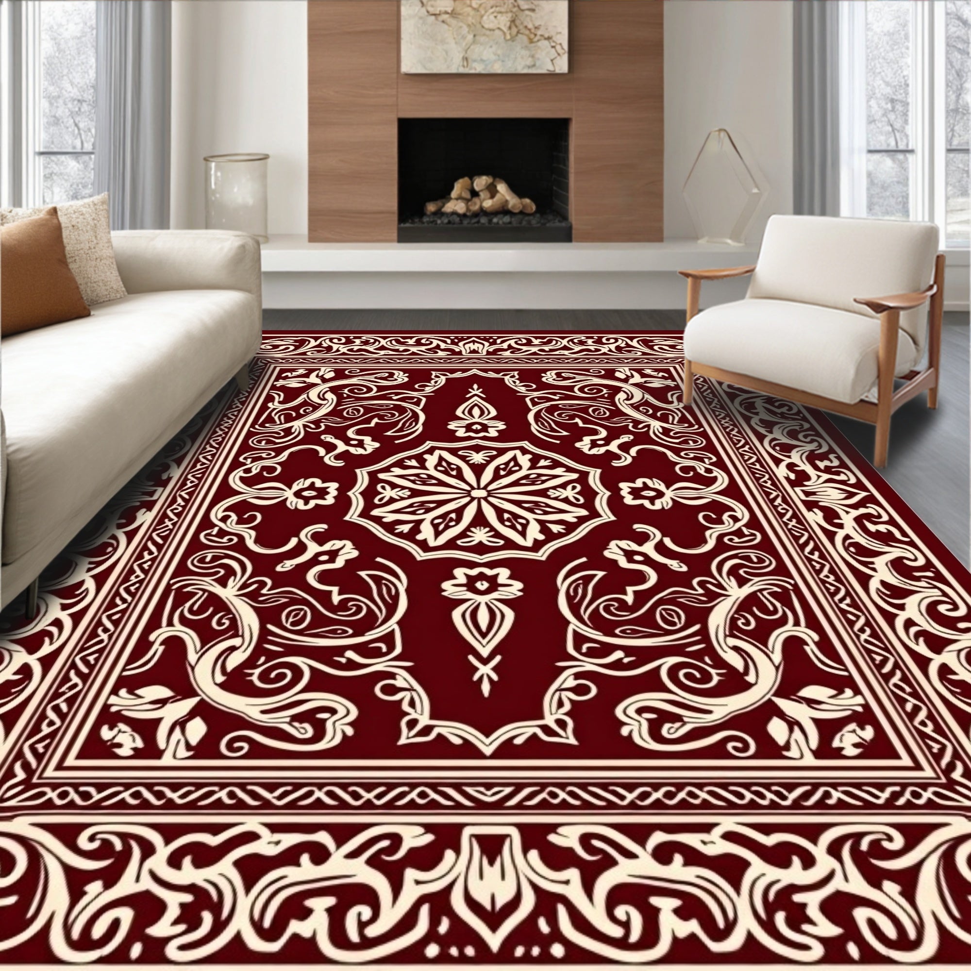 Ornate Red Cream Floral Pattern Rug