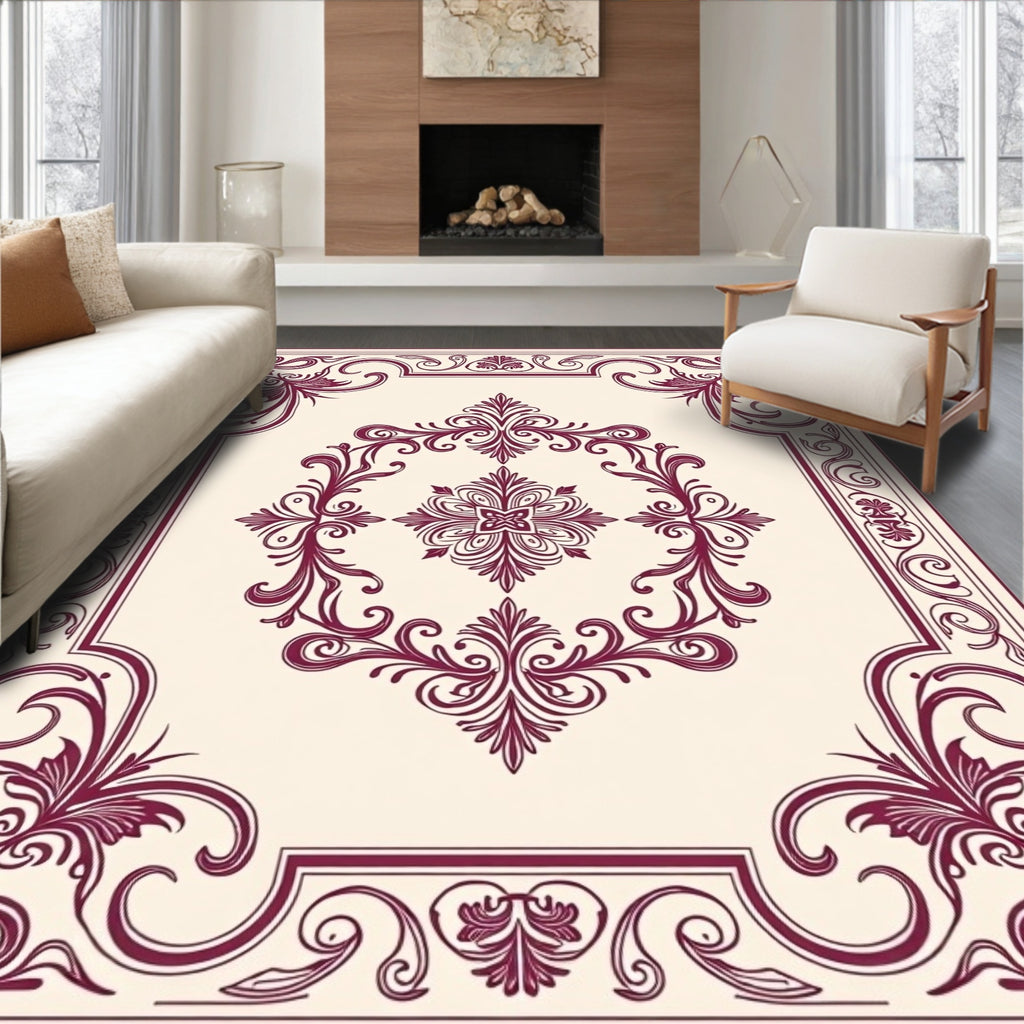 Ornate Maroon Floral Scrollwork Design Rug