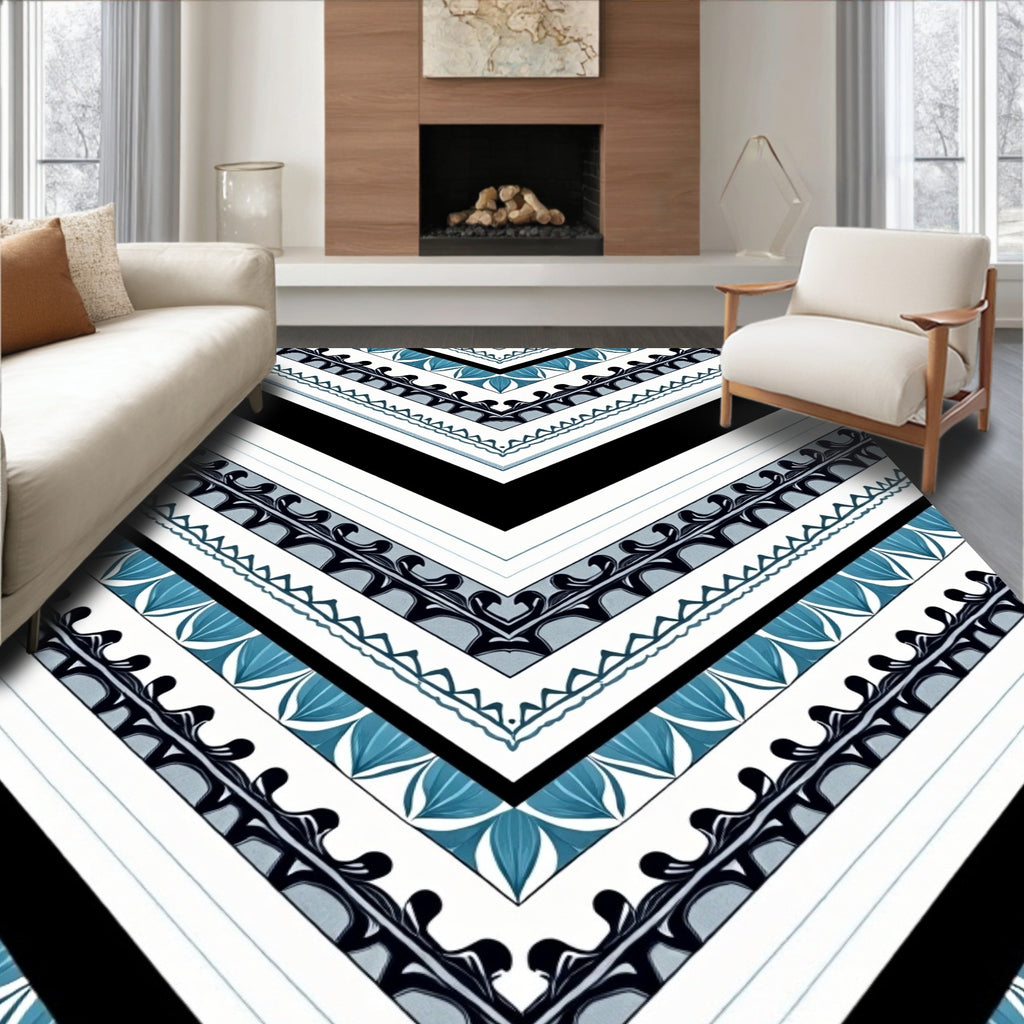 Chevron Black Teal Leaf Bands Rug