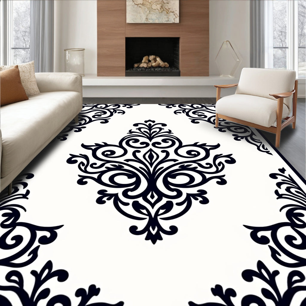 Classic Black White Floral Motif Rug