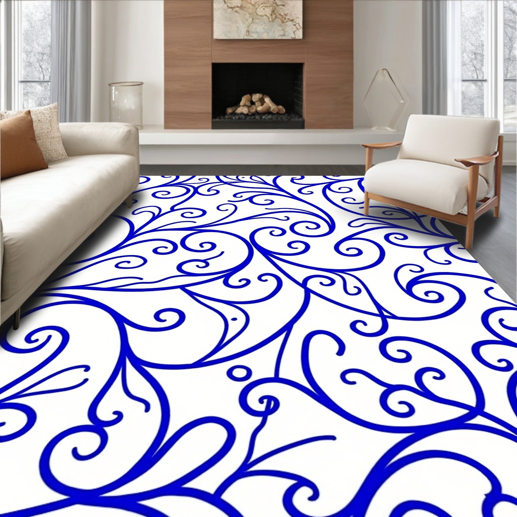 Ornate Blue Swirl Pattern Rug