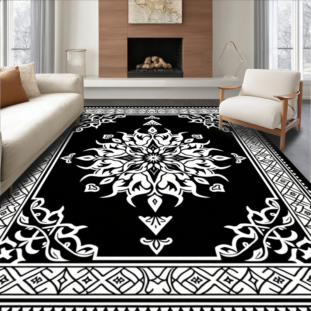Black White Floral Mandala Design Rug