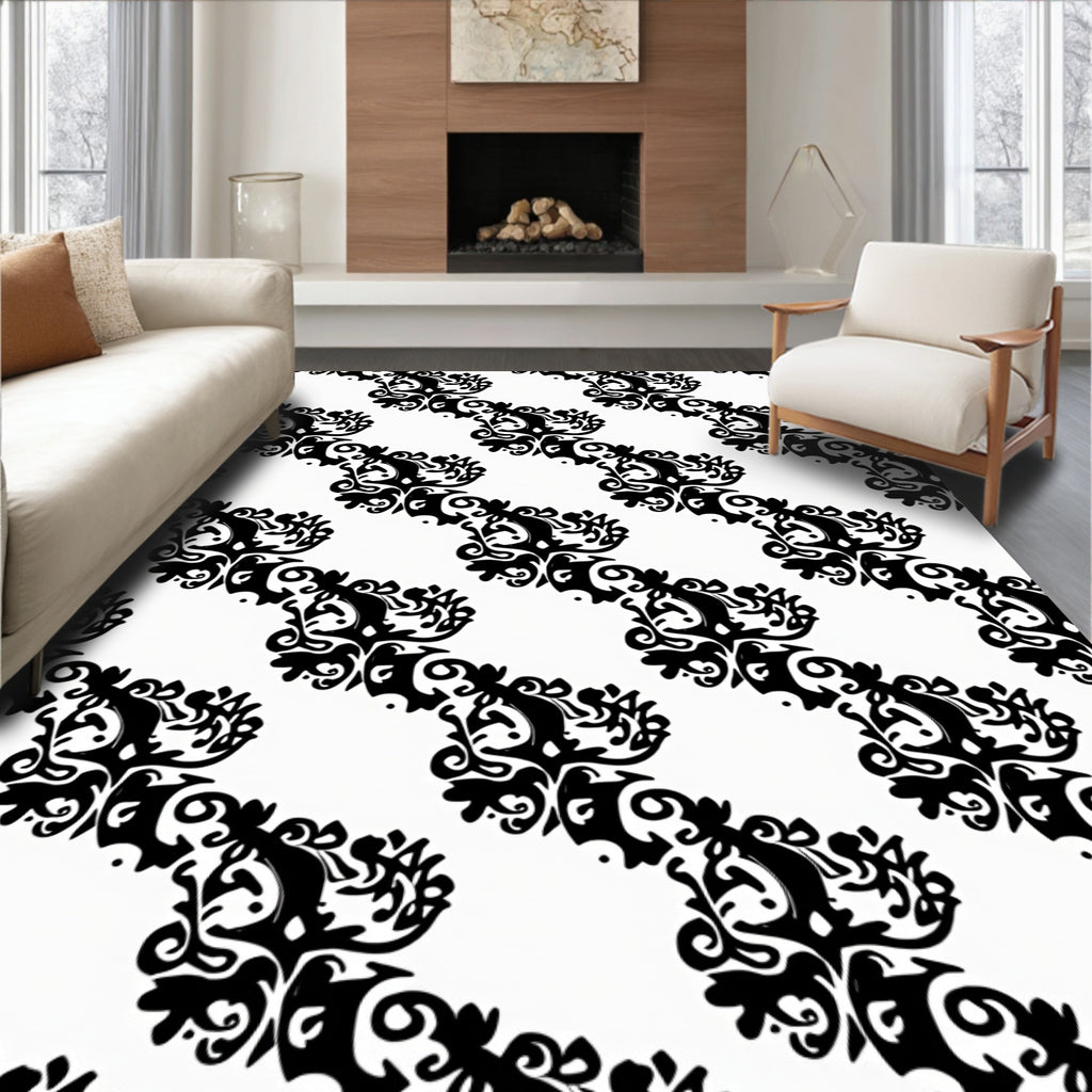 Black White Historic Damask Pattern Rug