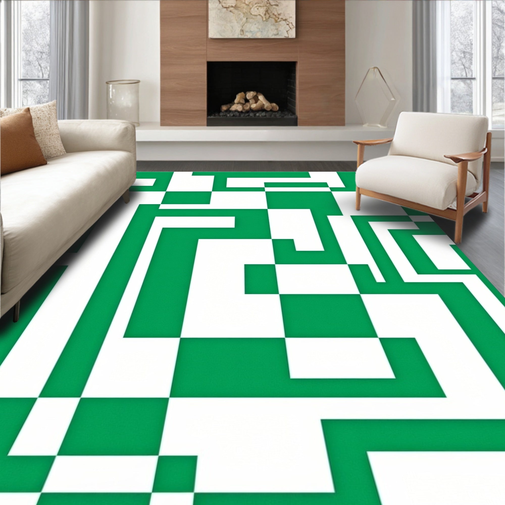 Green and White Abstract Geometric Design Rug