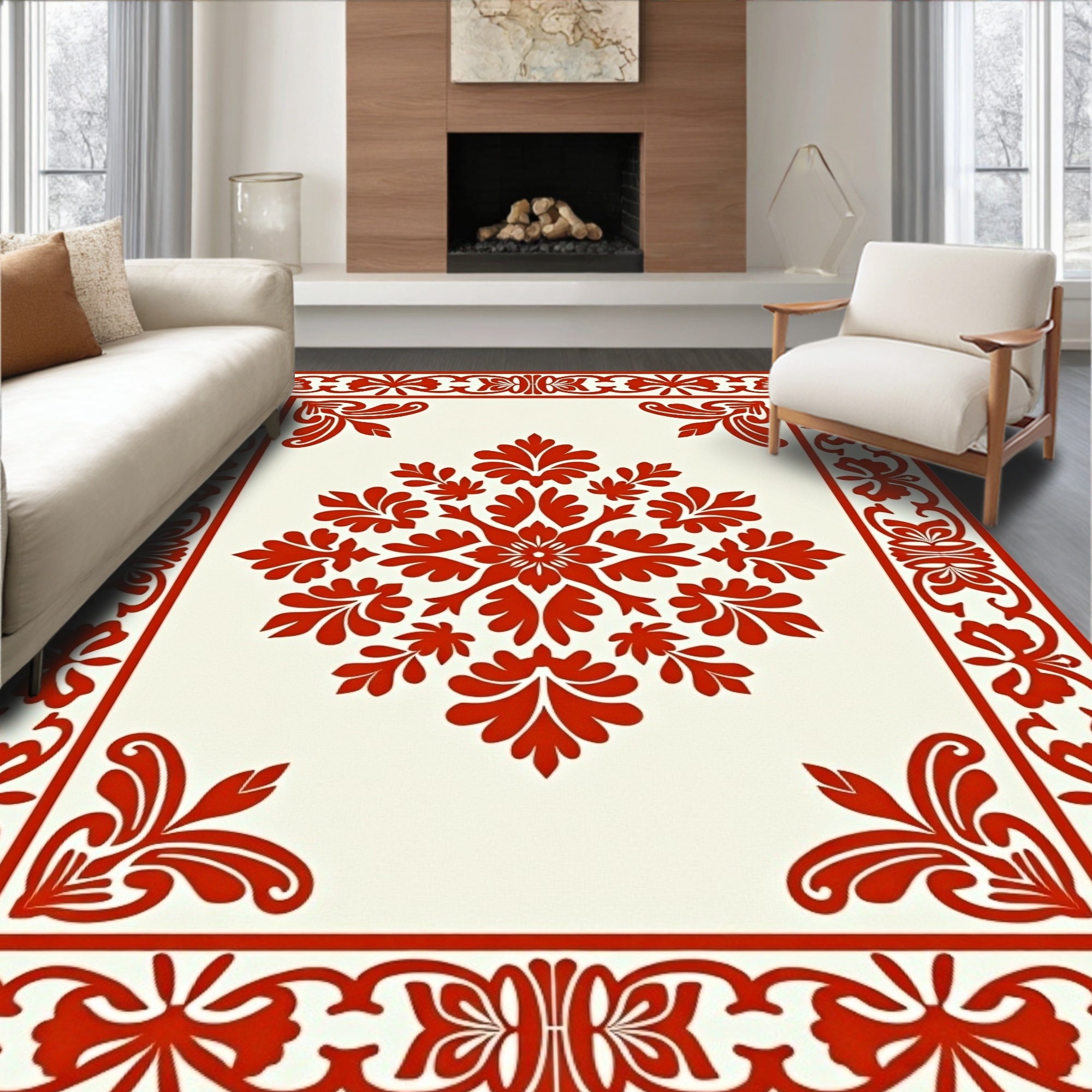 Bold Red Floral Damask Pattern Rug