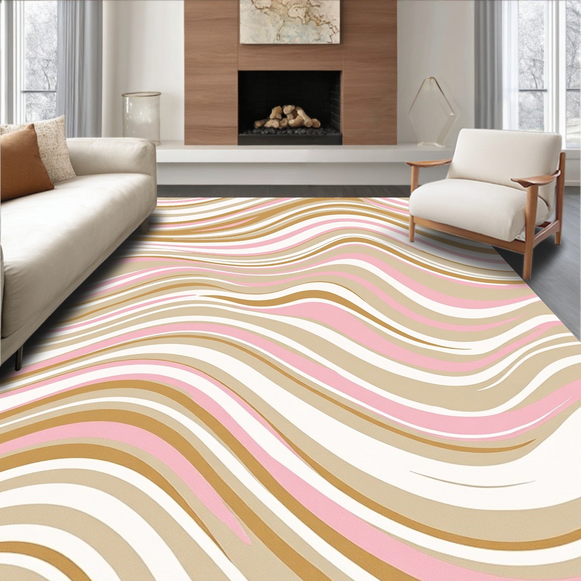 Soft Pink Gold Swirling Waves Rug