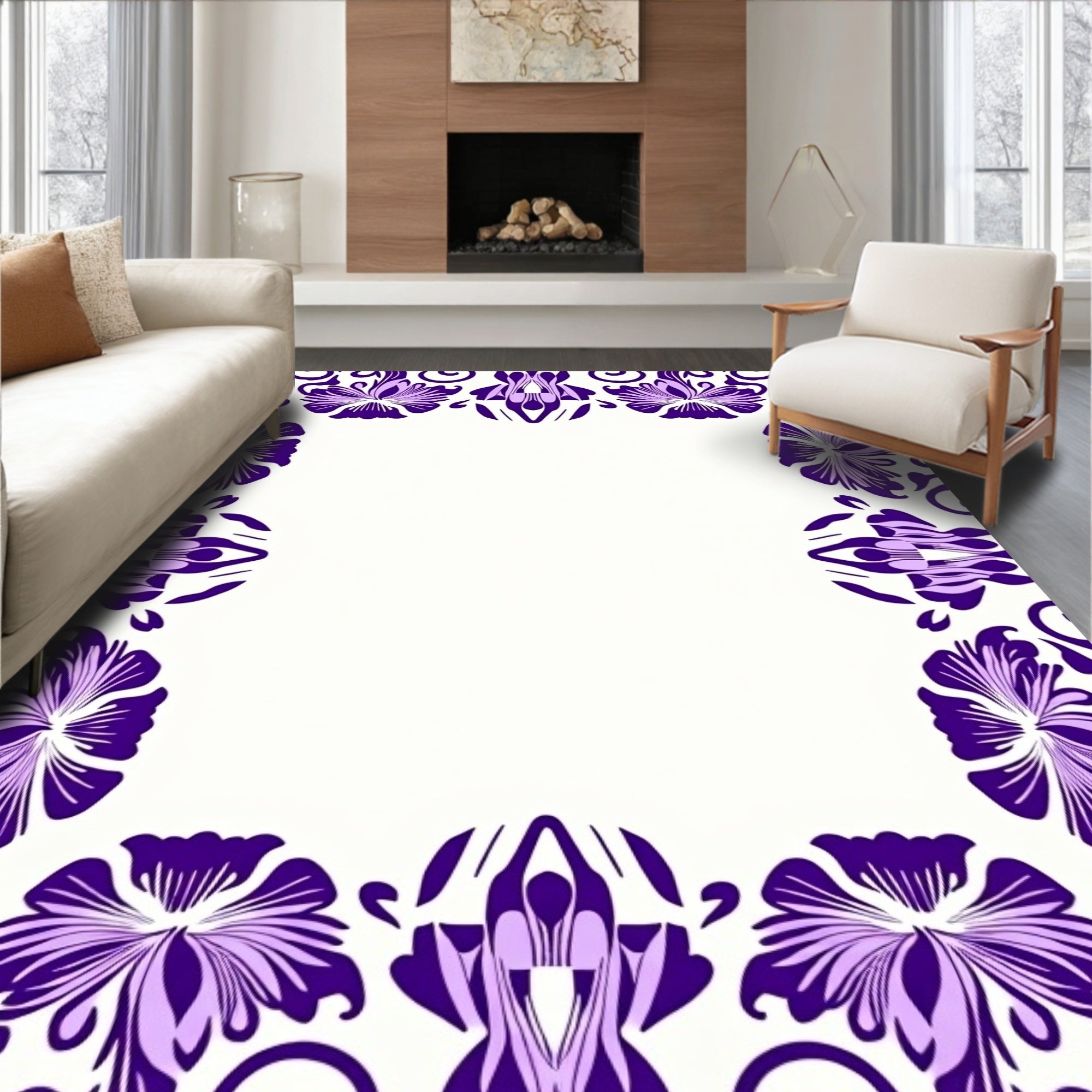 Purple Floral Abstract Border Pattern Rug