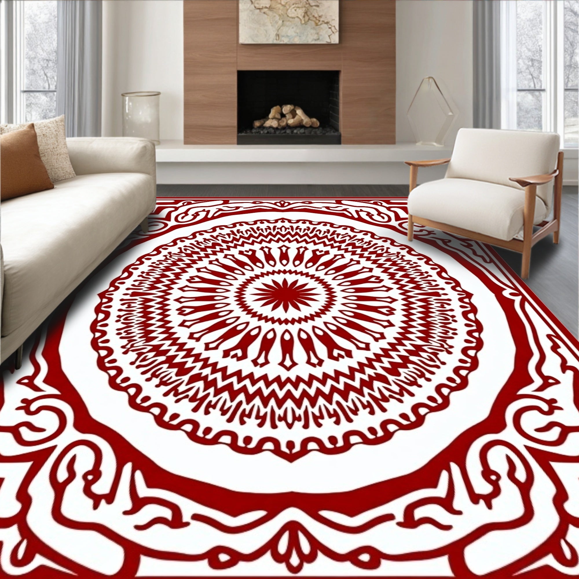 Traditional Red Intricate Mandala Pattern Rug