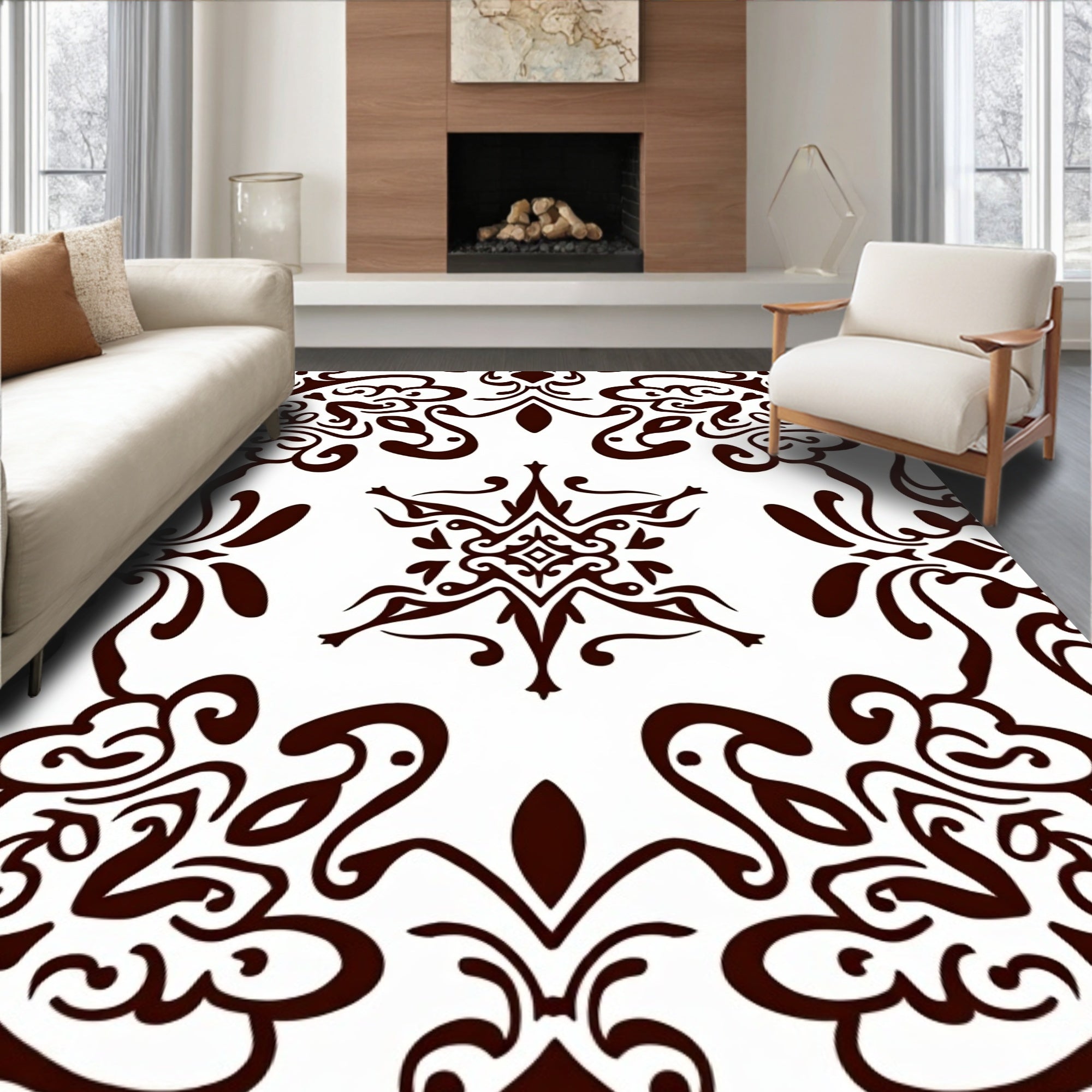Intricate Dark Swirl Scroll Pattern Rug