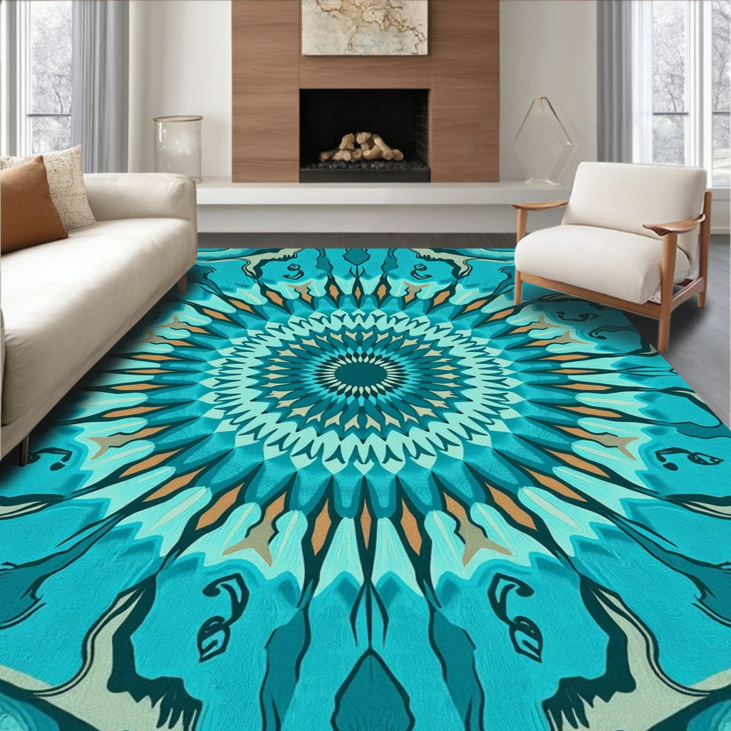 Intricate Teal Mandala Geometric Pattern Rug