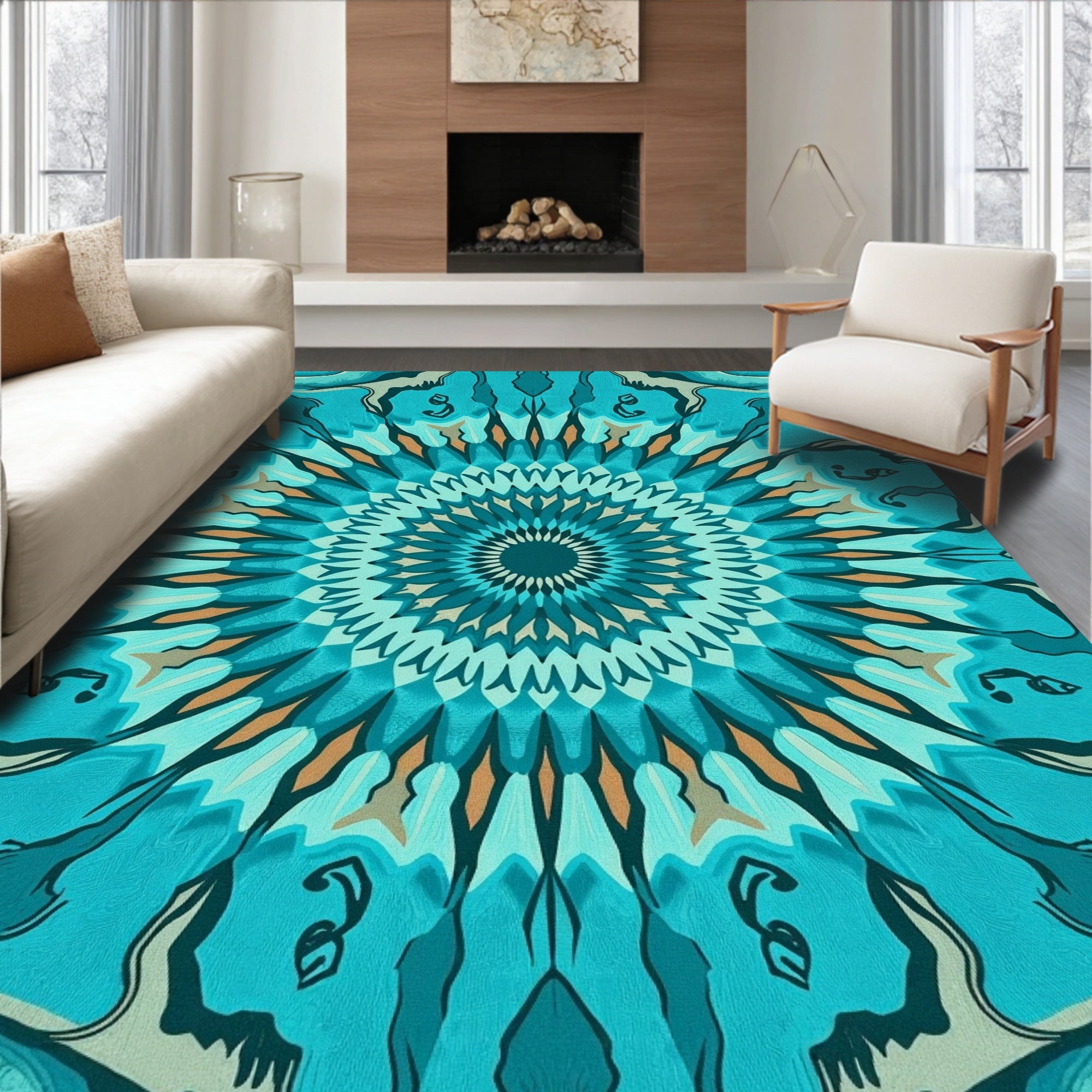 Intricate Teal Mandala Geometric Pattern Rug