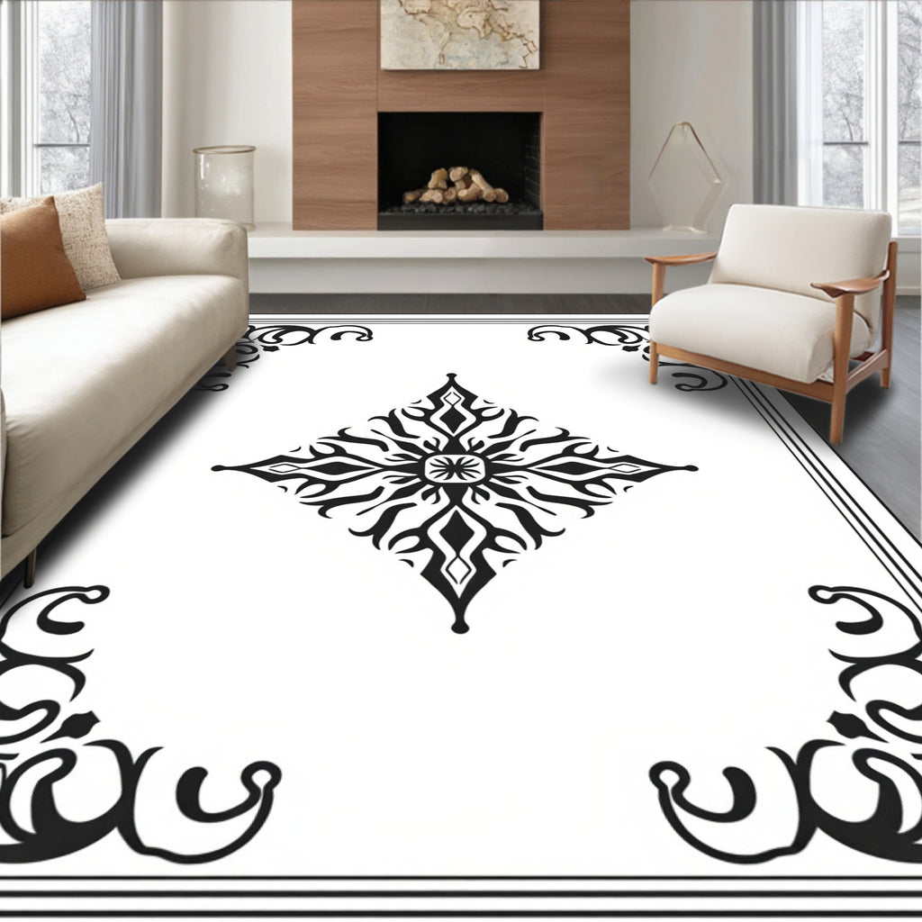 Black White Ornate Floral Diamond Rug