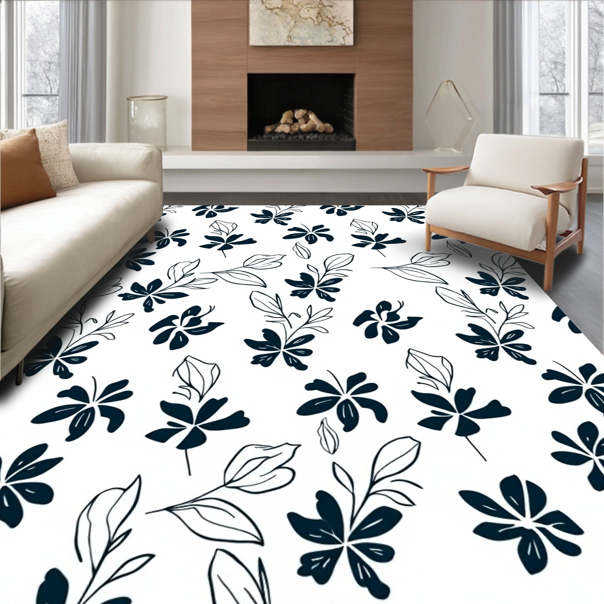 Dark Floral Outline Pattern Design Rug