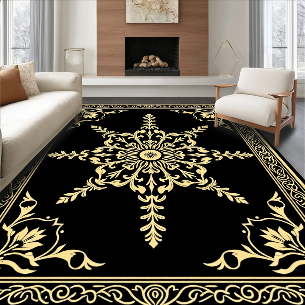 Elegant Gold Floral Medallion Border Rug