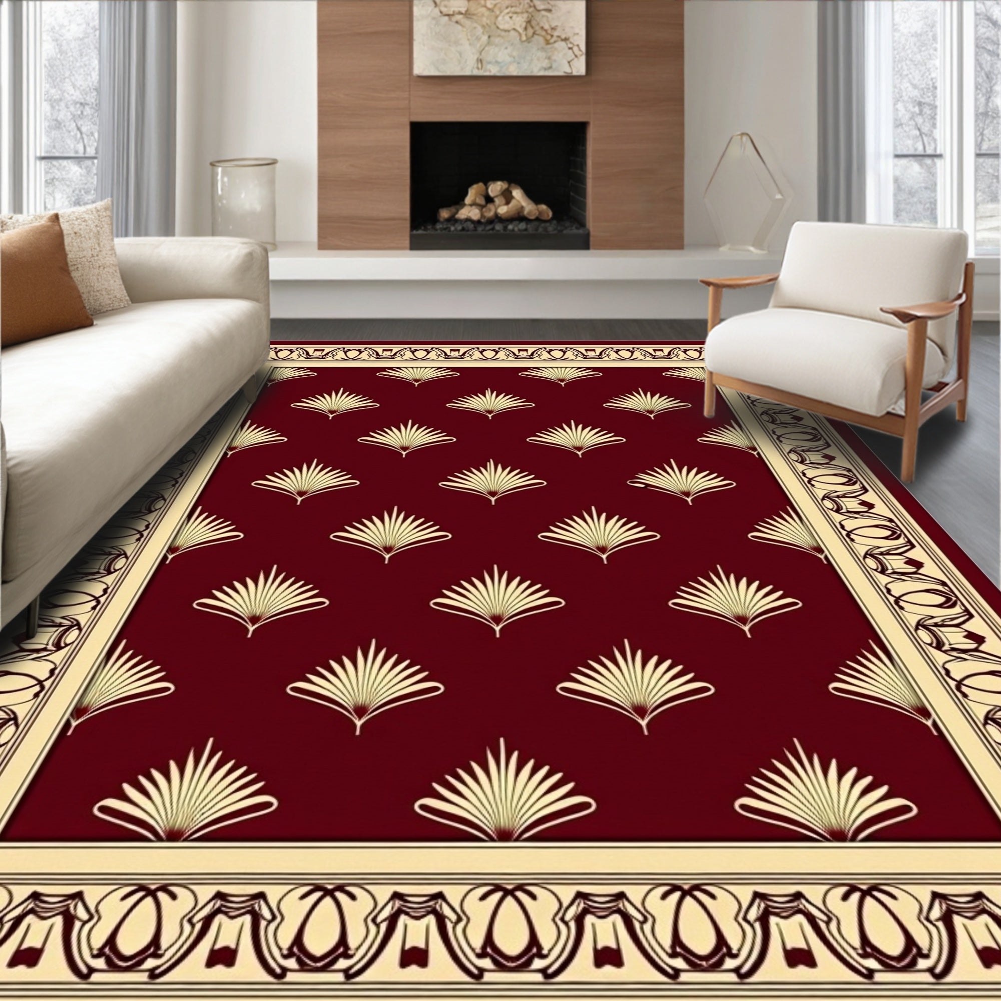 Elegant Burgundy Fan Motif Rug