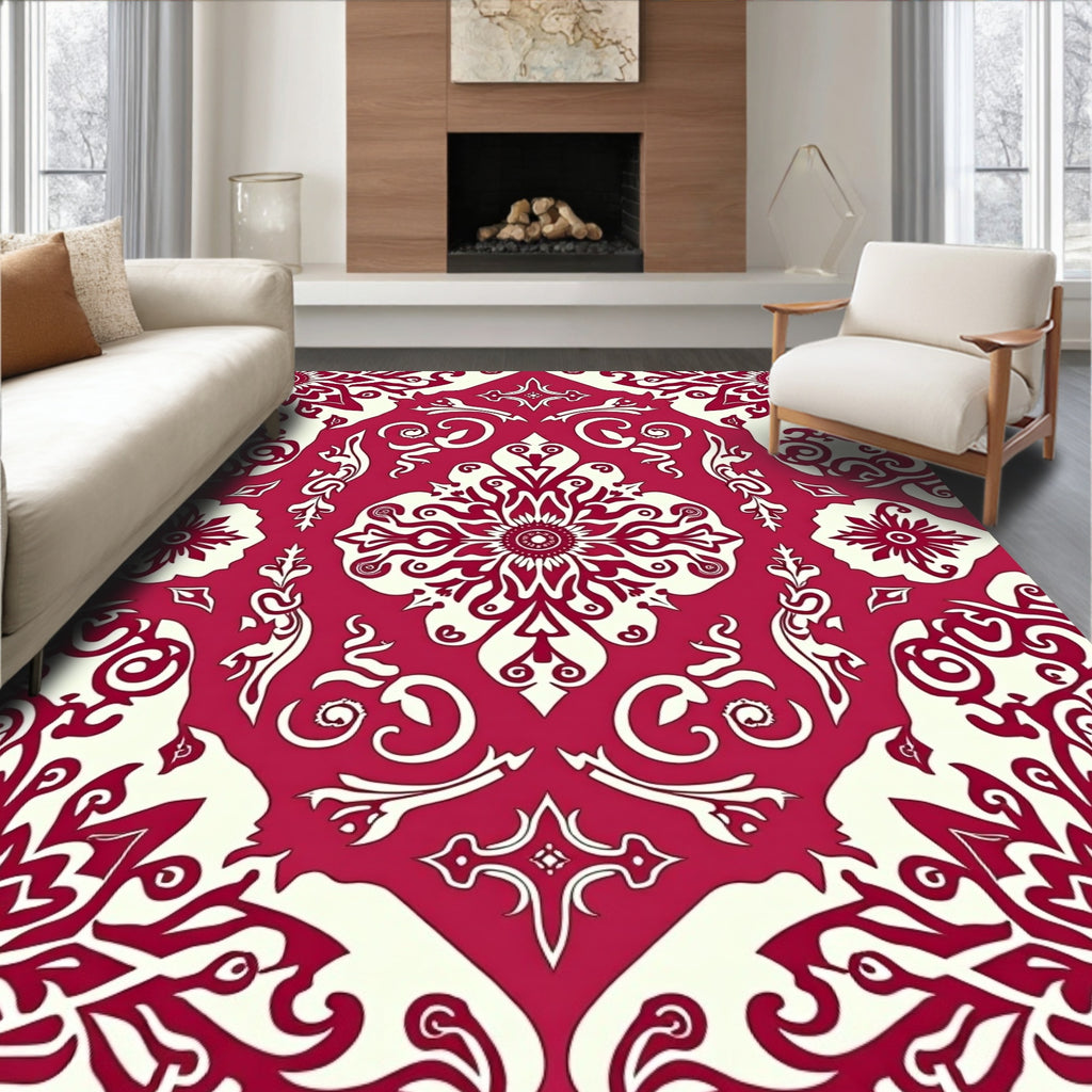 Crimson Ivory Vintage Damask Pattern Rug