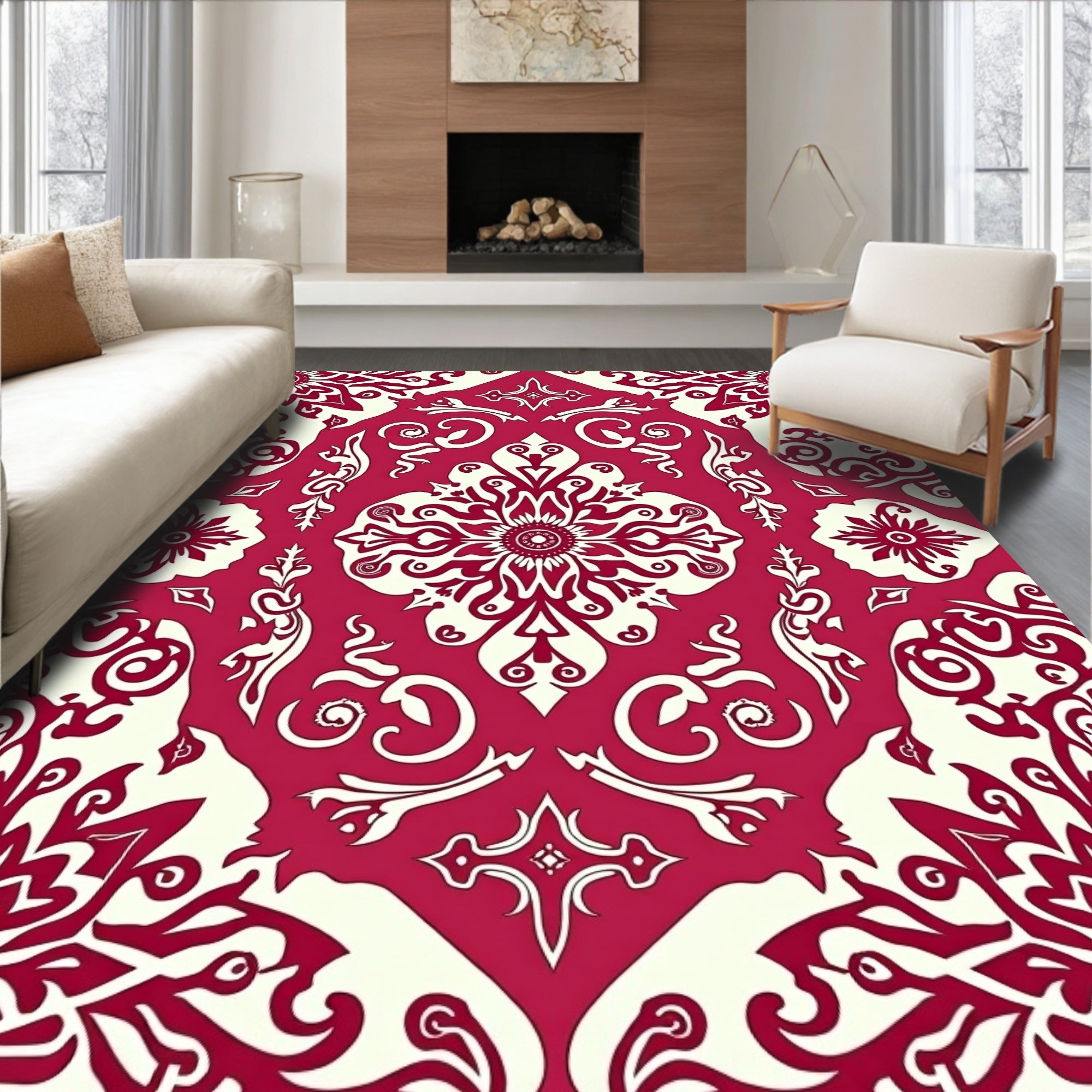 Crimson Ivory Vintage Damask Pattern Rug