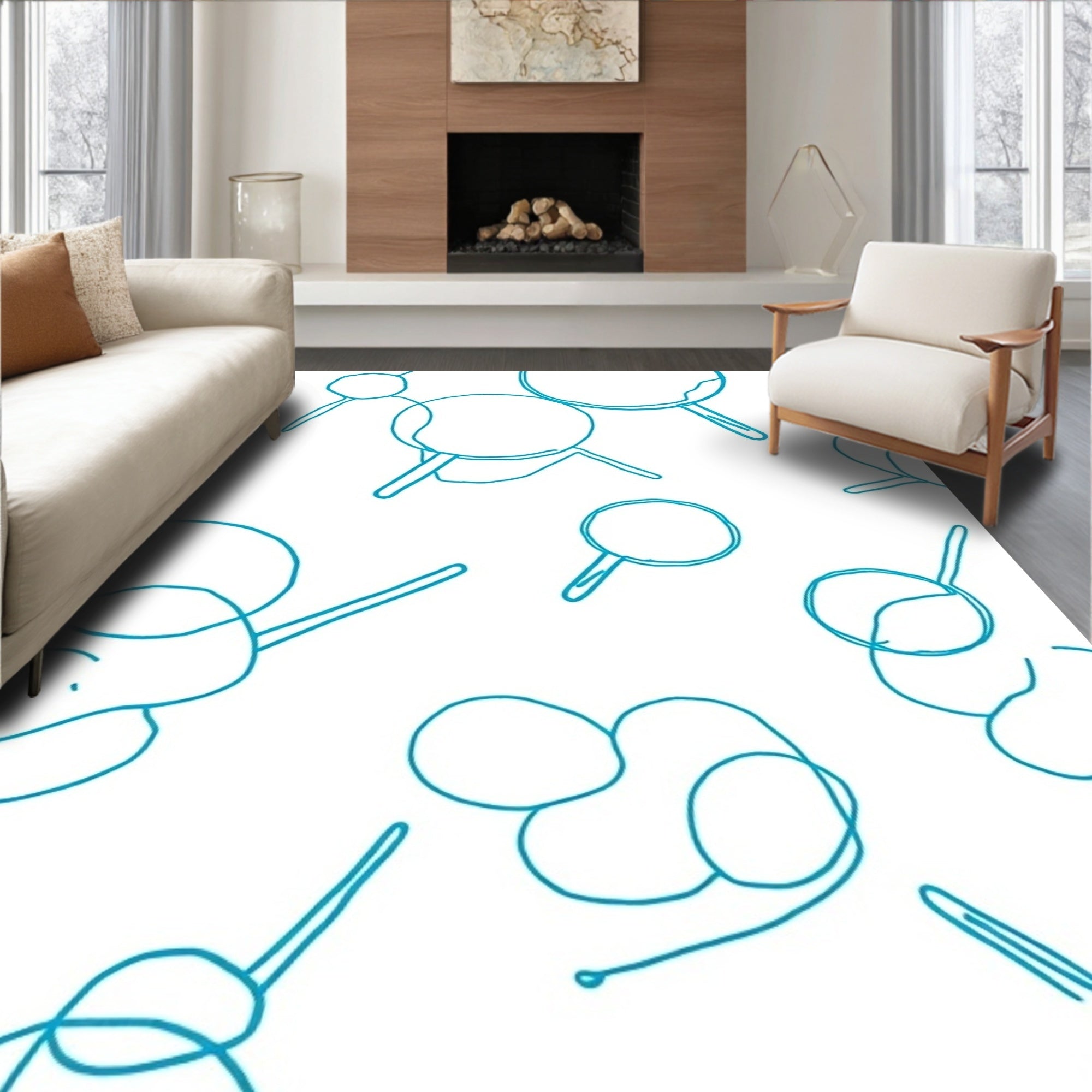Teal Blob Cluster Line Art Rug