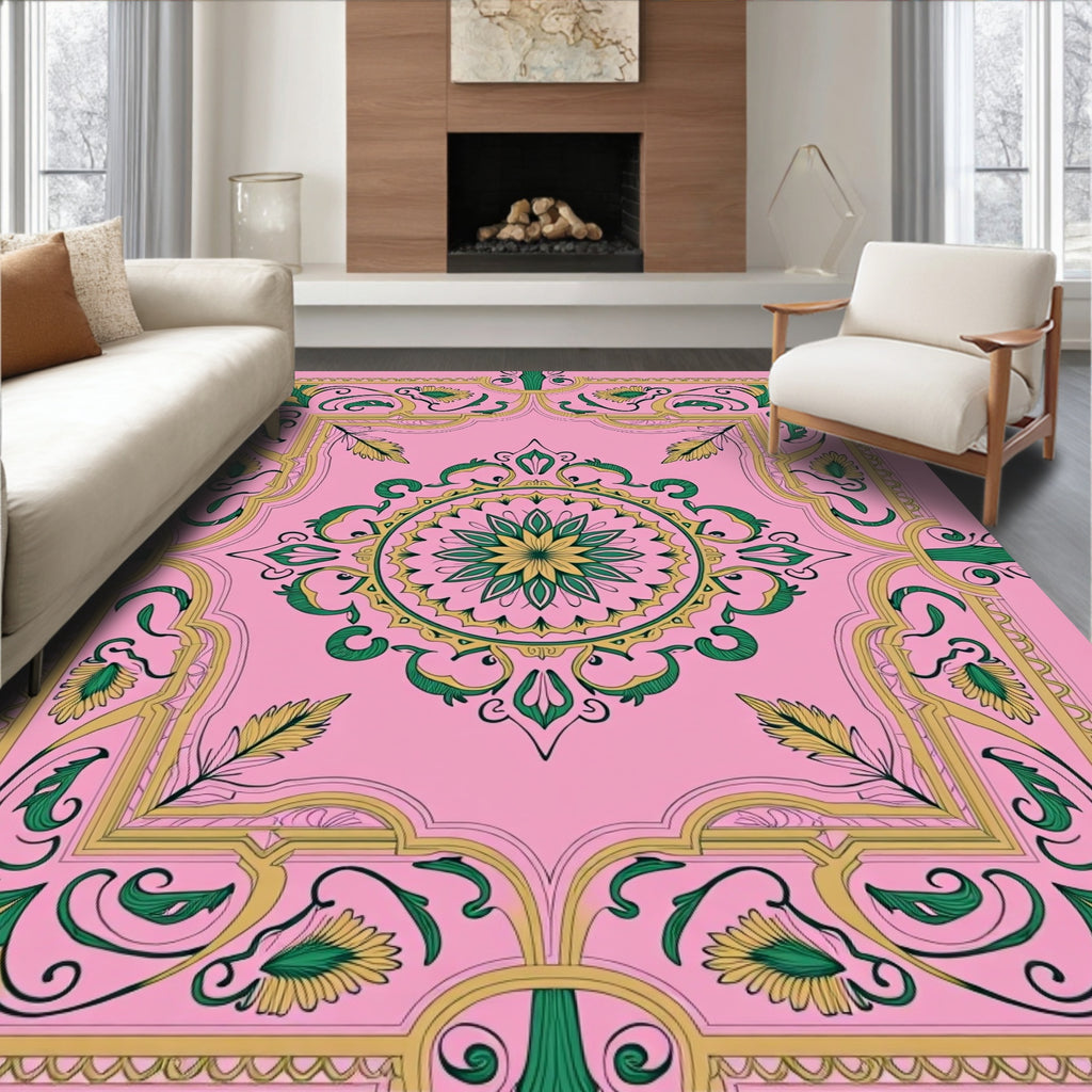 Pink Green Mandala Floral Pattern Rug
