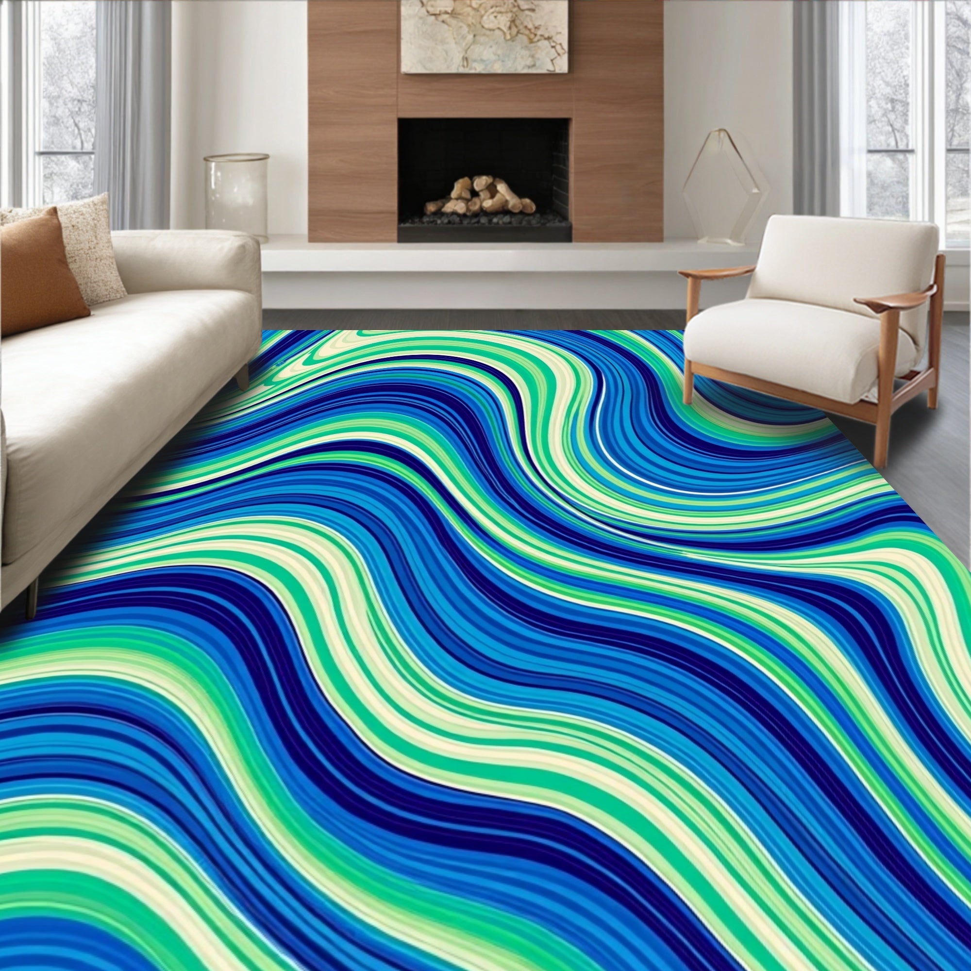 Abstract Wavy Blue Green Strands Rug