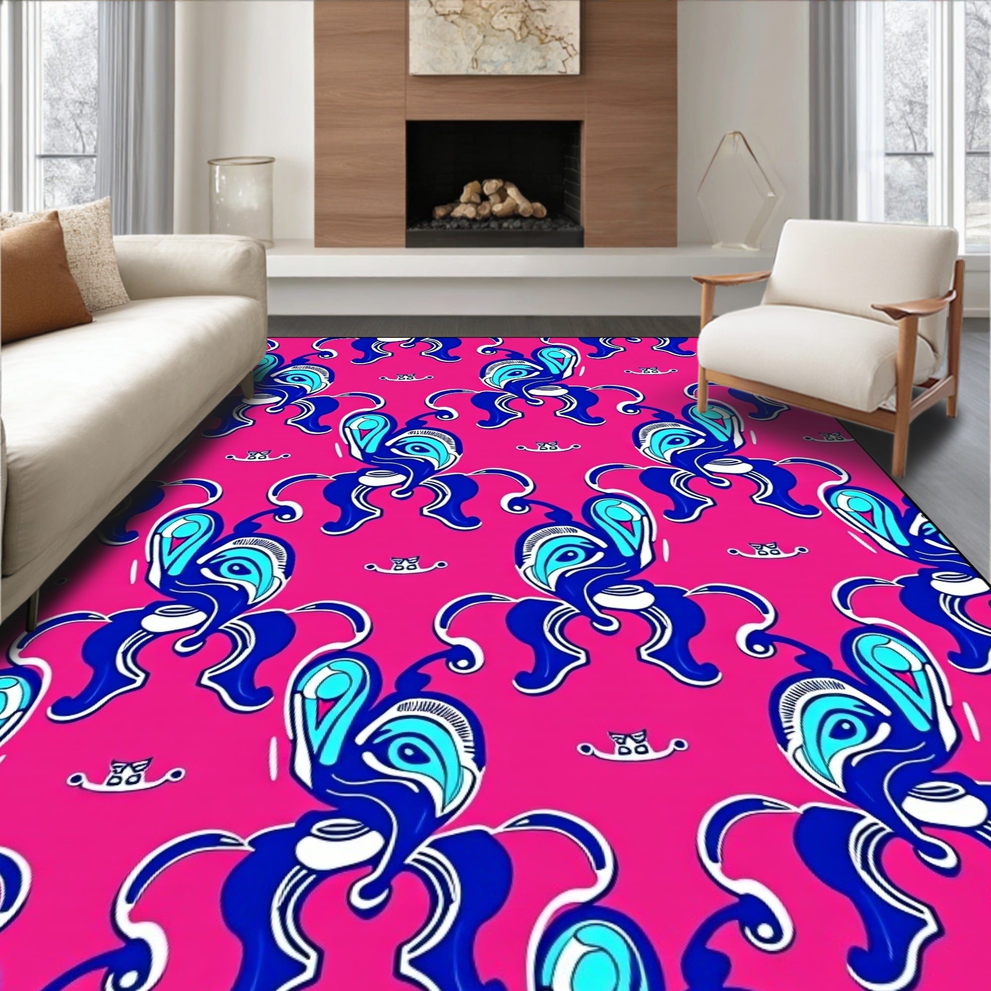 Abstract Blue Swirls Tropical Pattern Rug