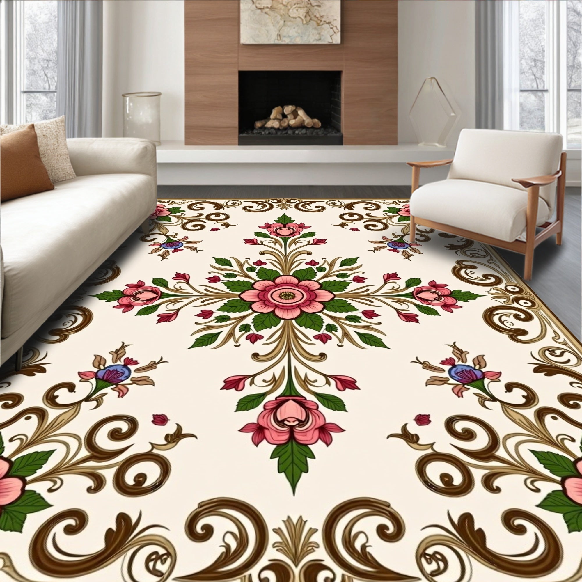 Floral Scrollwork Blossom Design Rug