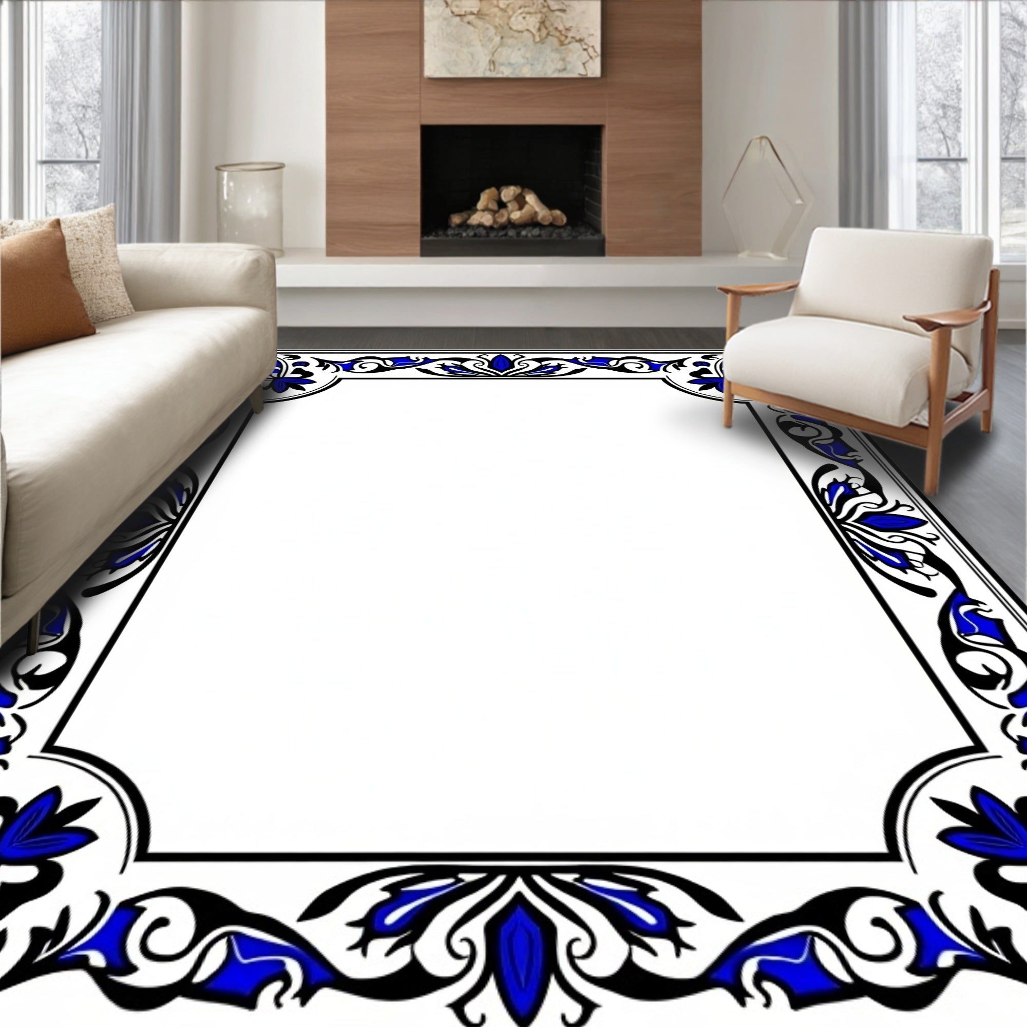 Elegant Blue Black Floral Border Rug
