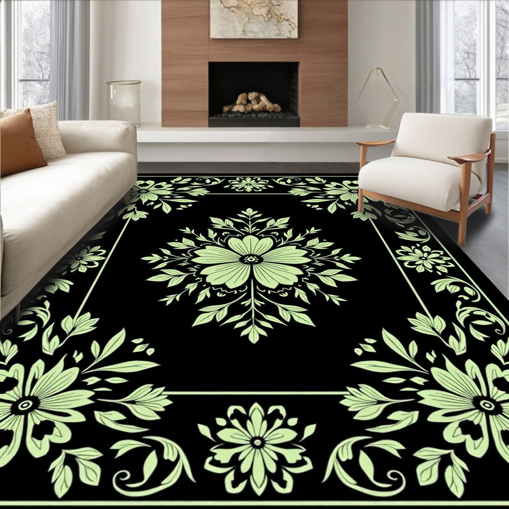 Ornate Floral Black Background Design Rug