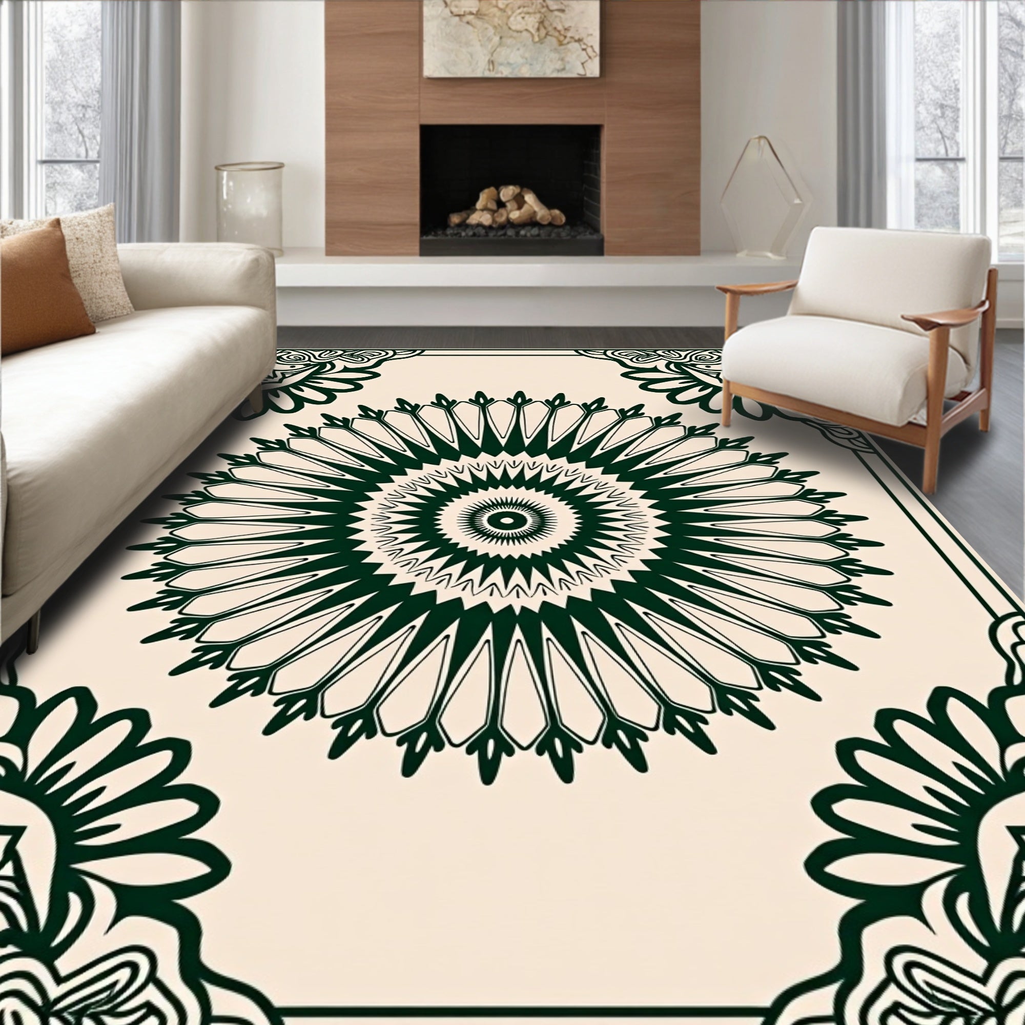 Intricate Dark Green Mandala Pattern Rug