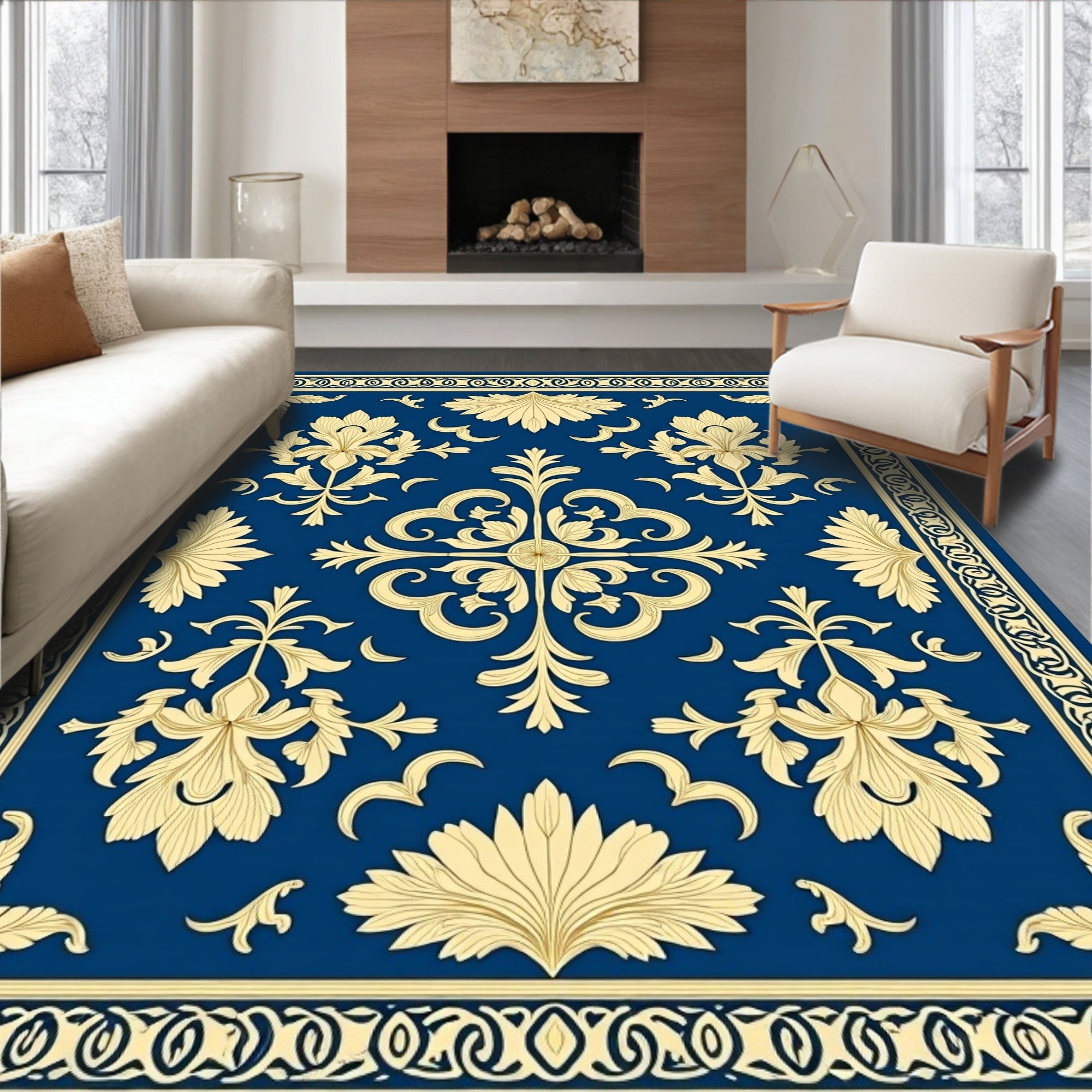 Classic Blue Gold Floral Damask Rug