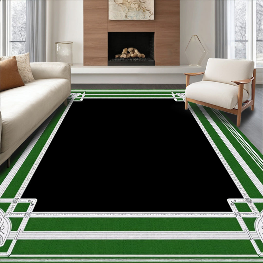 Green White Ornate Geometric Border Design Rug