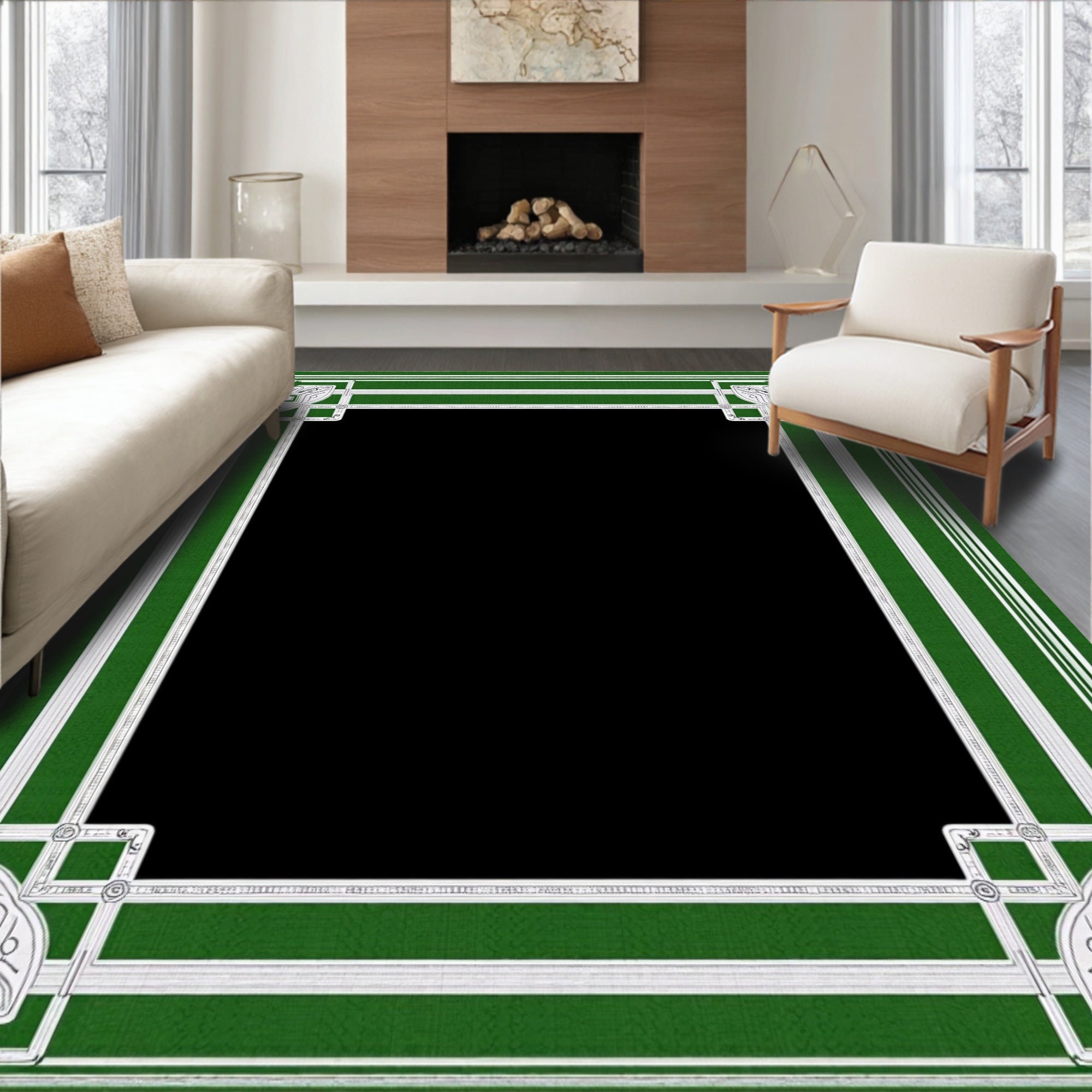 Green White Ornate Geometric Border Design Rug