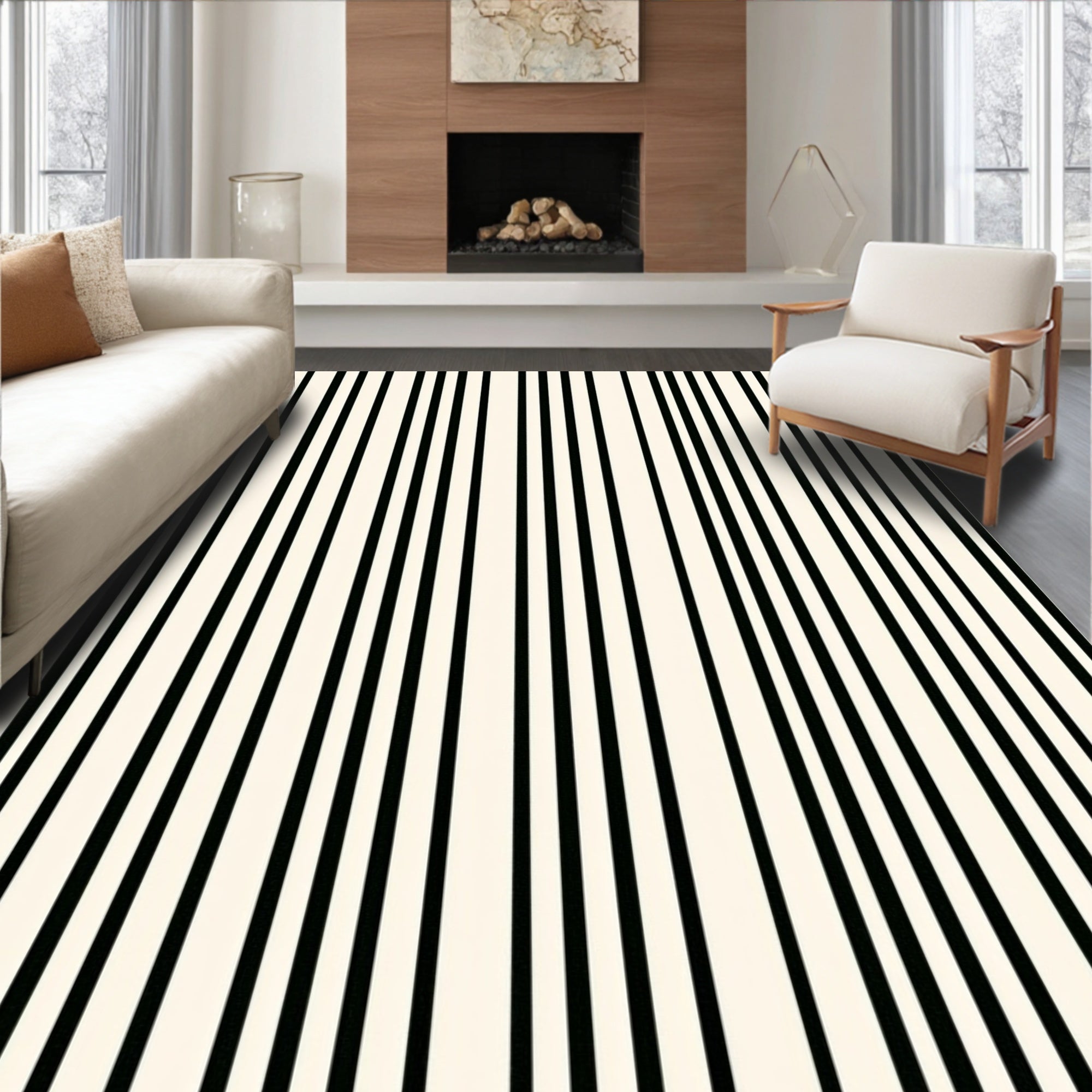 Clean Black White Stripe Pattern Rug