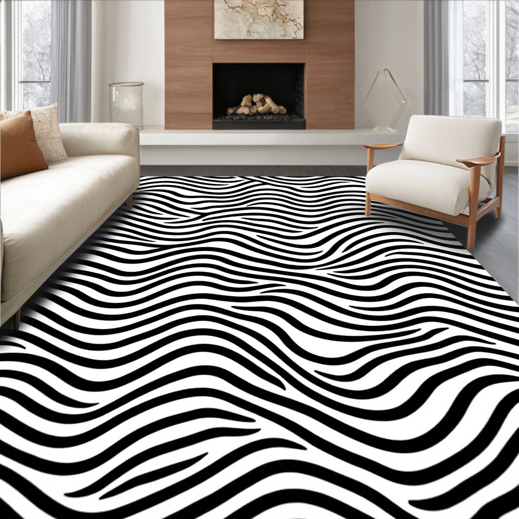 Bold Wavy Black White Stripes Rug