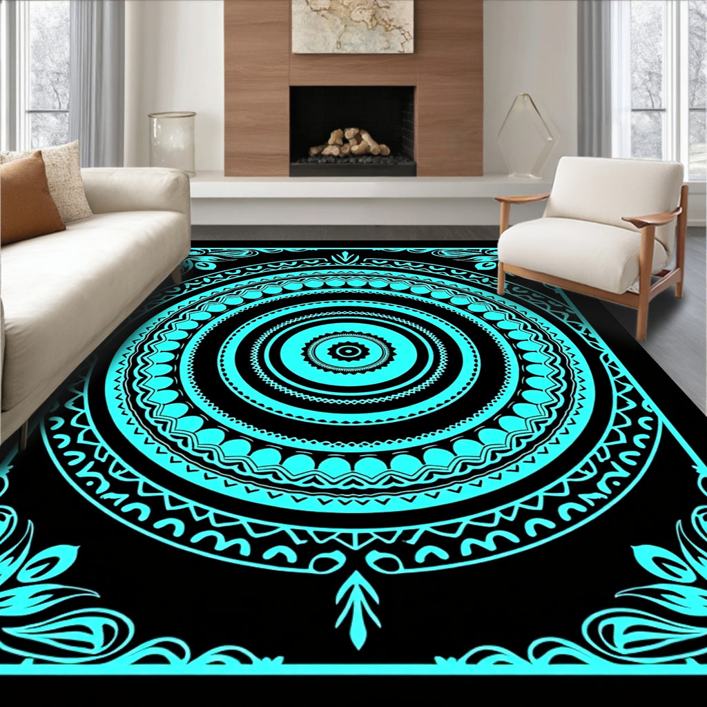 Bright Cyan Abstract Mandala Pattern Rug
