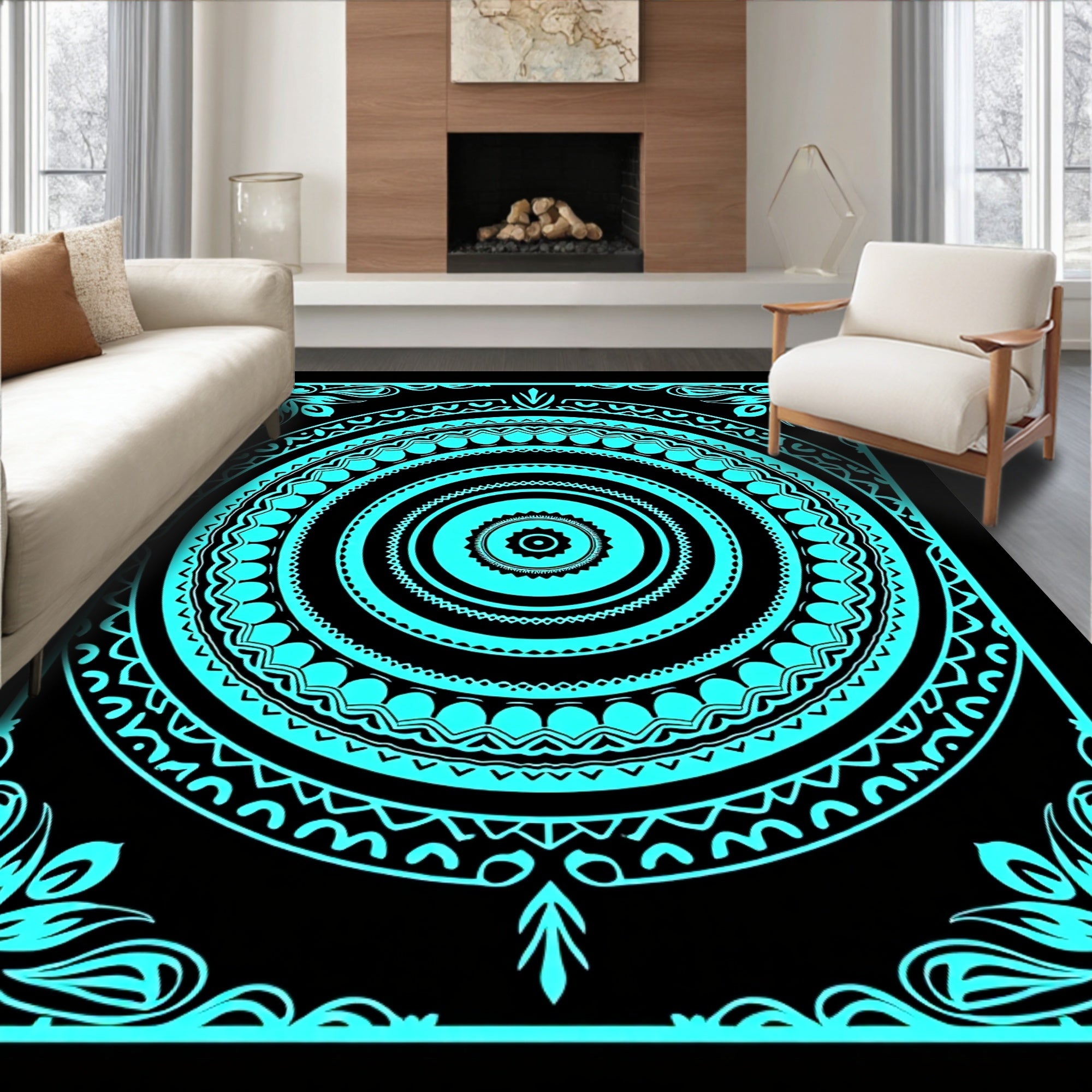 Bright Cyan Abstract Mandala Pattern Rug