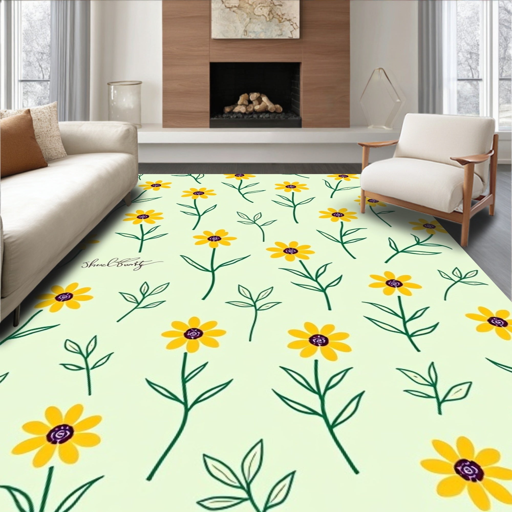 Yellow Floral Whimsical Pattern Rug