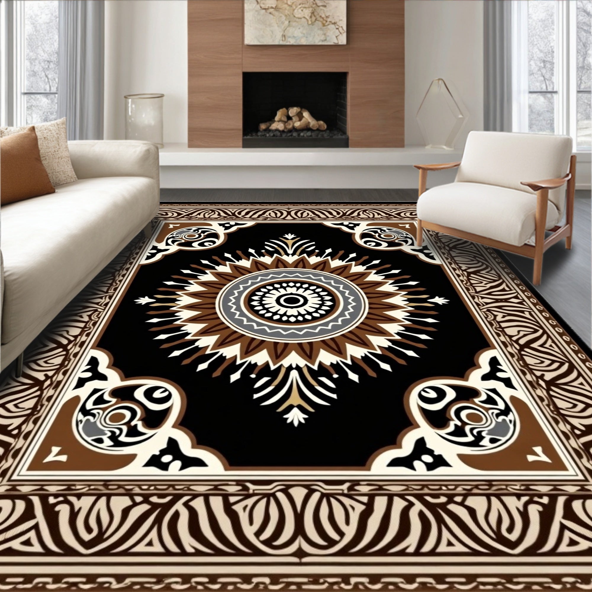 Ornate Radial Brown Black Pattern Rug