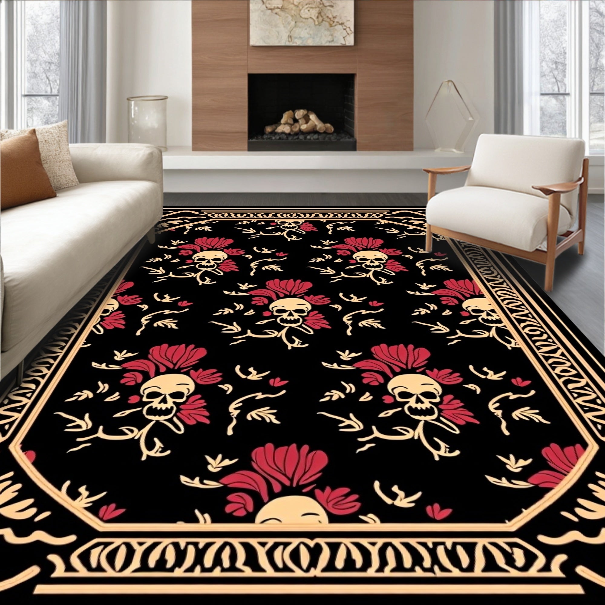 Macabre Skull Floral Patterned Rug