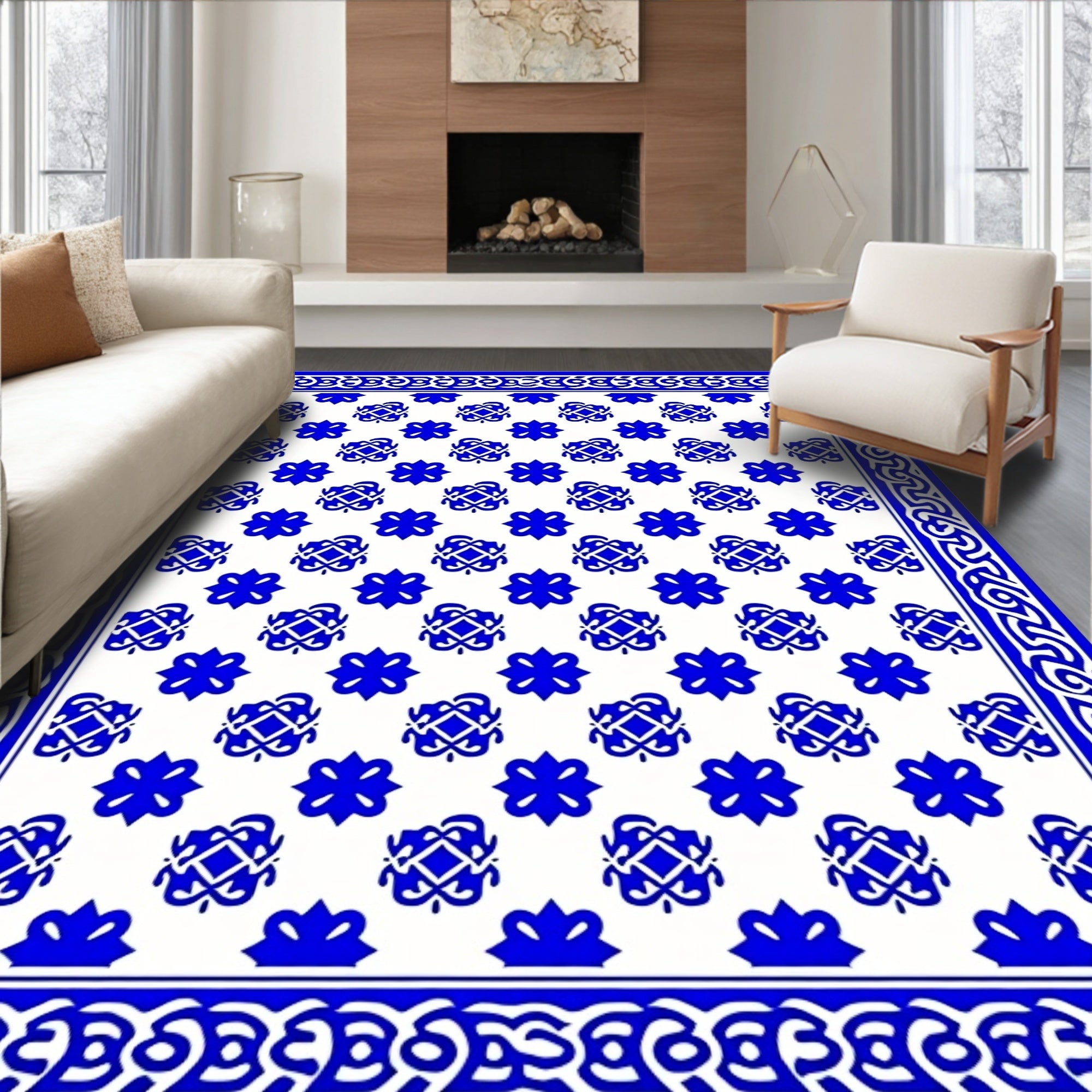 Classic Blue White Ornamental Pattern Rug