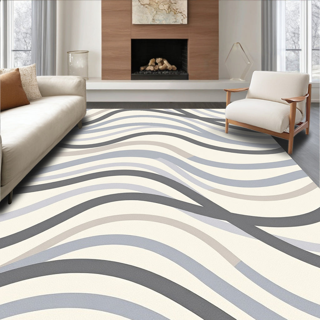 Modern Gray Blue Wavy Stripe Design Rug