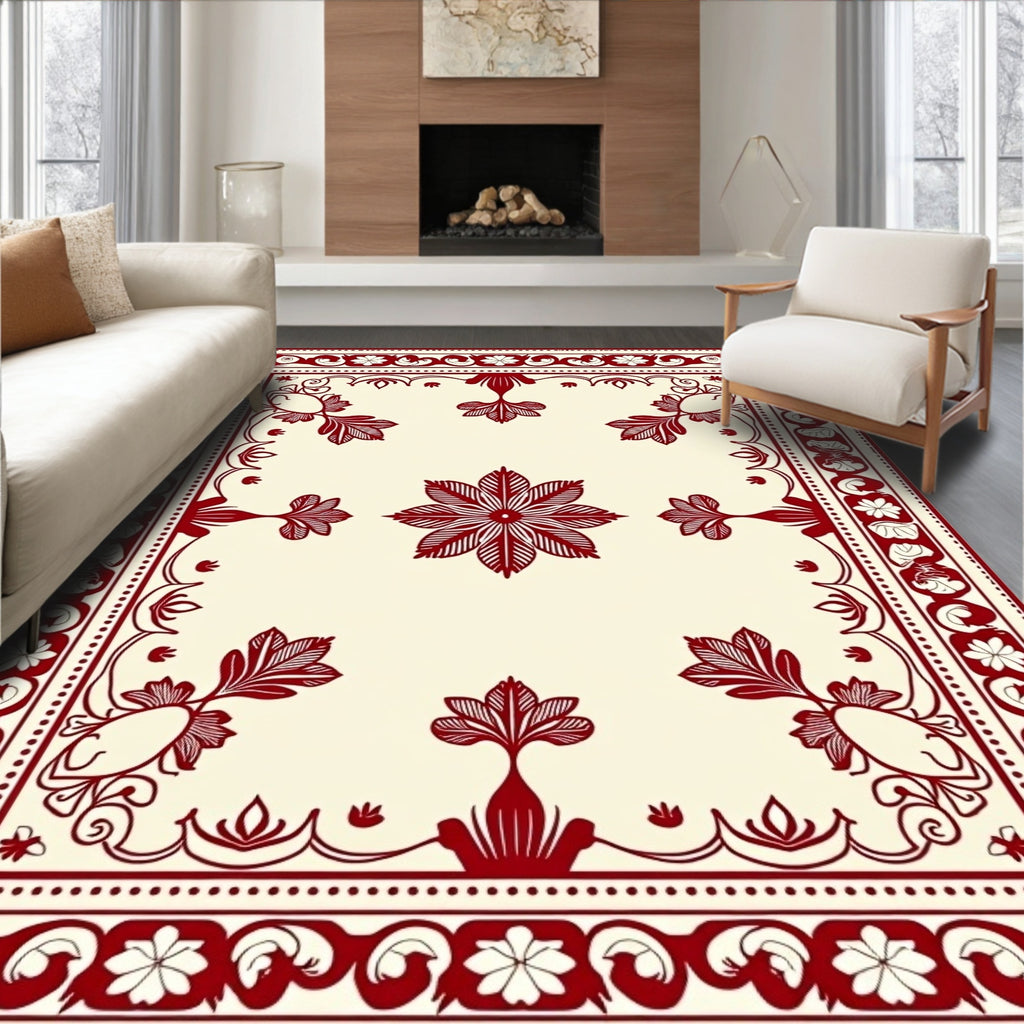 Red Floral Scroll Border Design Rug