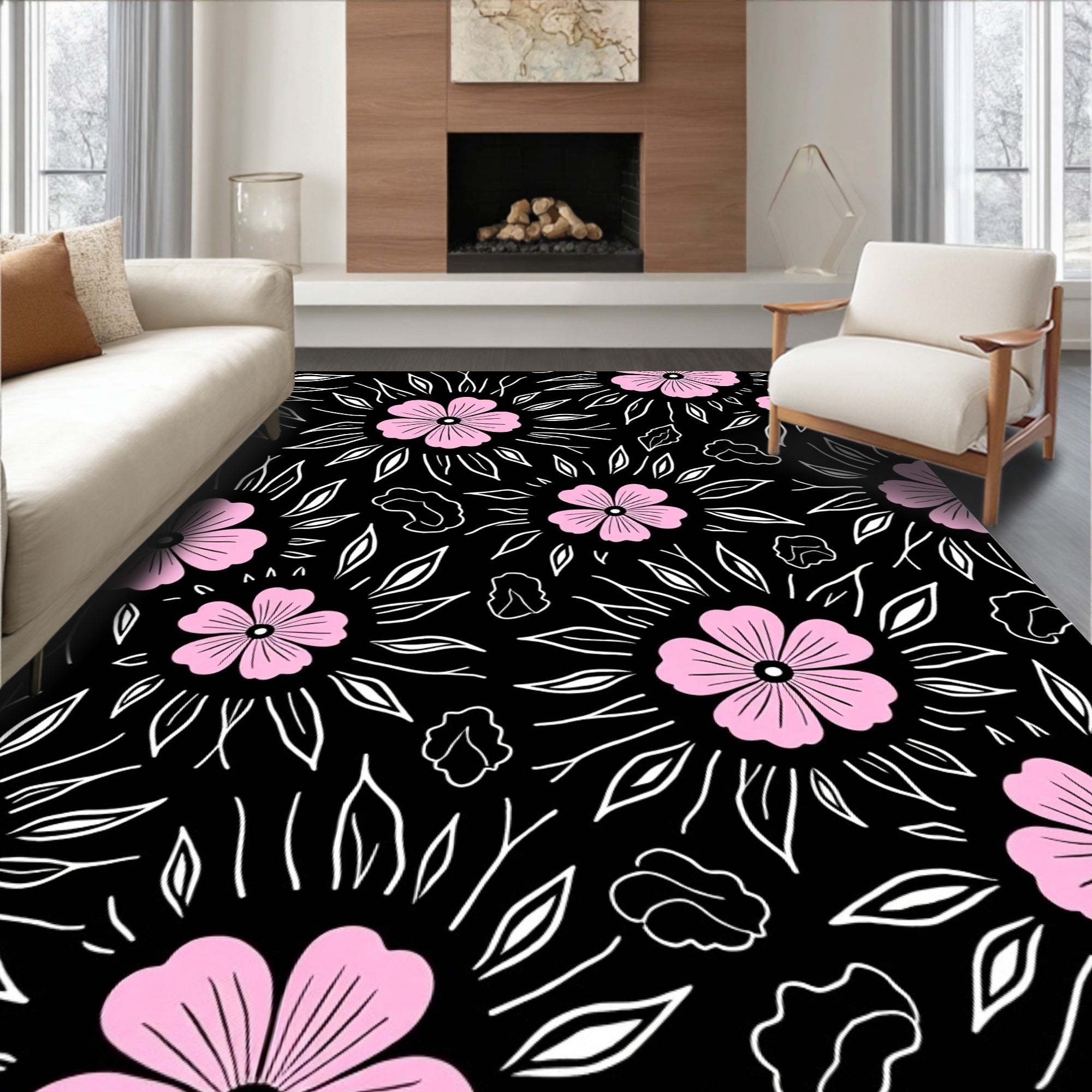 Pink Blossom Starburst Silhouette Pattern Rug