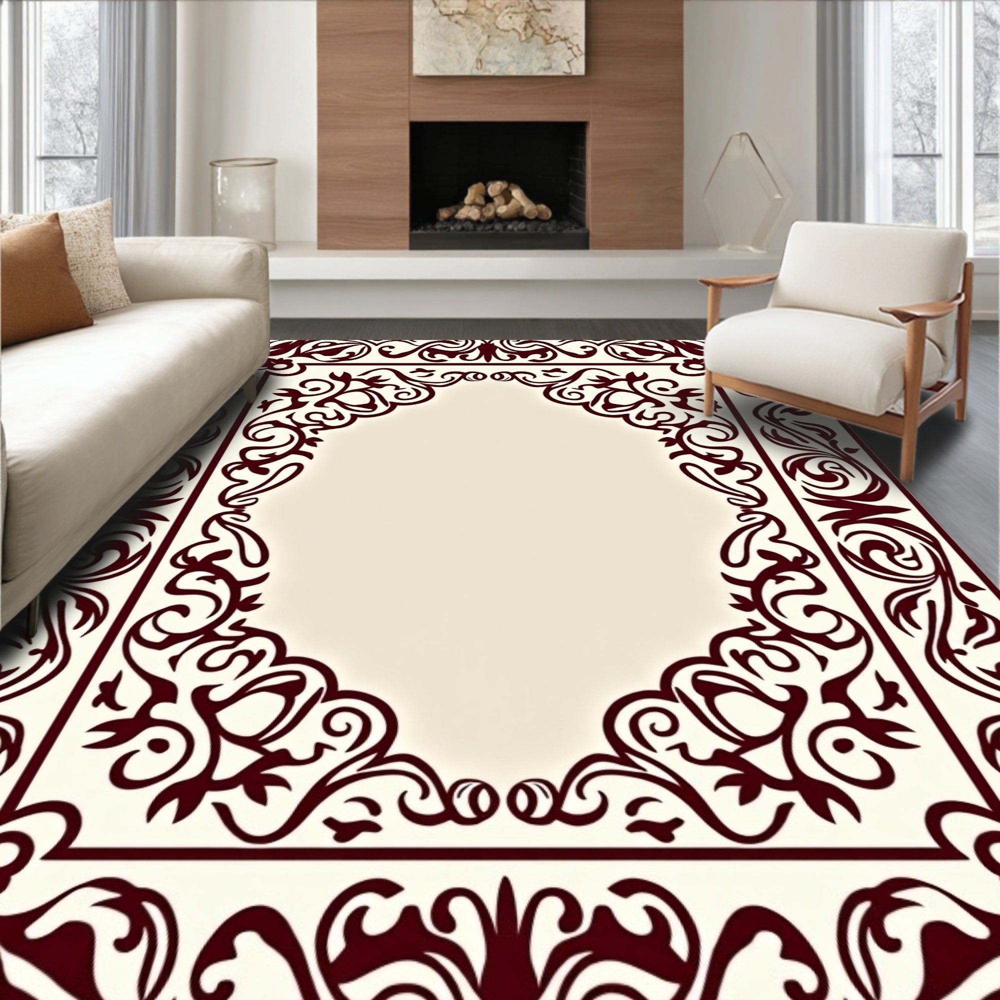 Rich Burgundy Flourish Border Design Rug