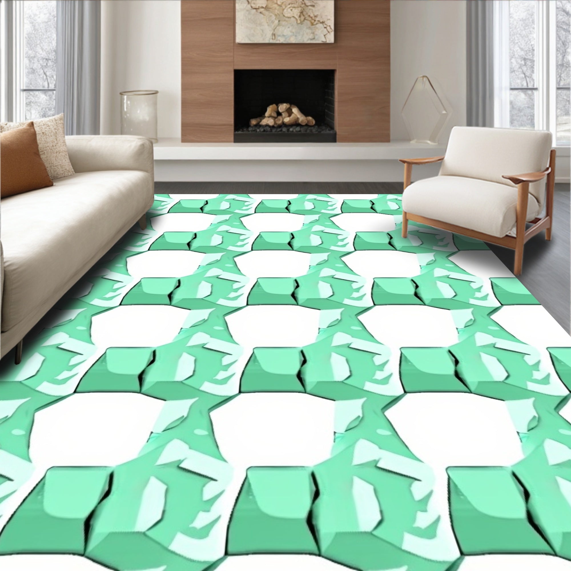 Mint Geometric Ice Crystal Pattern Rug